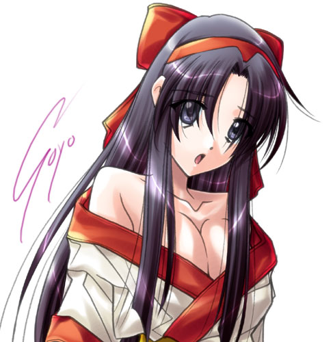 soyosoyo, nakoruru, samurai spirits, traditional clothes, lowres, 1girl, bare shoulders, black hair, blue eyes, bow, breasts, cleavage, female focus, hair bow, hairband, large breasts, off shoulder, red bow, signature, solo