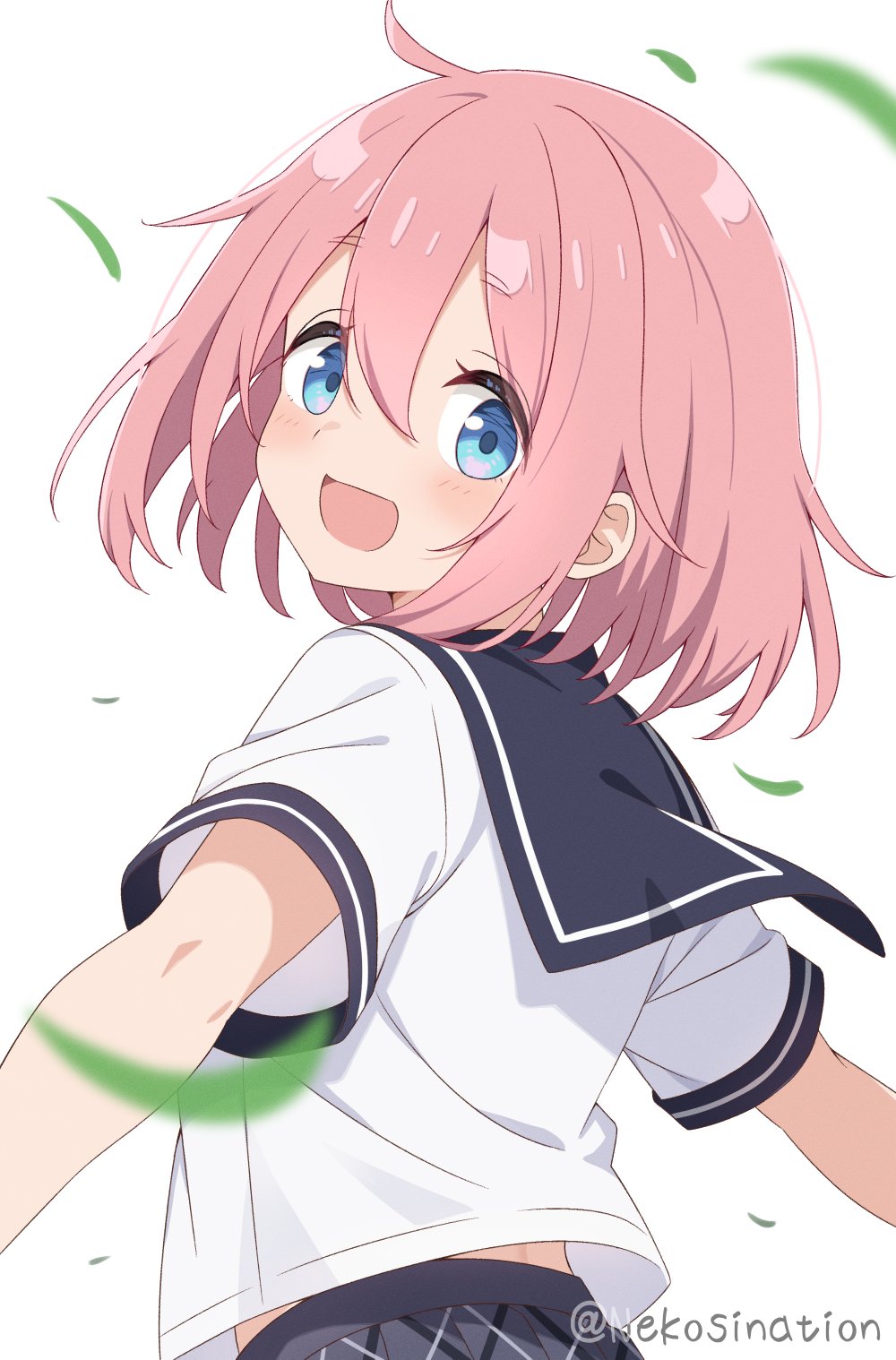 nekosination, kagamihara nadeshiko, yurucamp, 1girl, blush, dot nose, feet out of frame, female focus, hair ornament, long hair, looking at viewer, open mouth, pink hair, school uniform, serafuku, shirt, short sleeves, simple background, skirt, solo, standing, twitter username, white background, white shirt