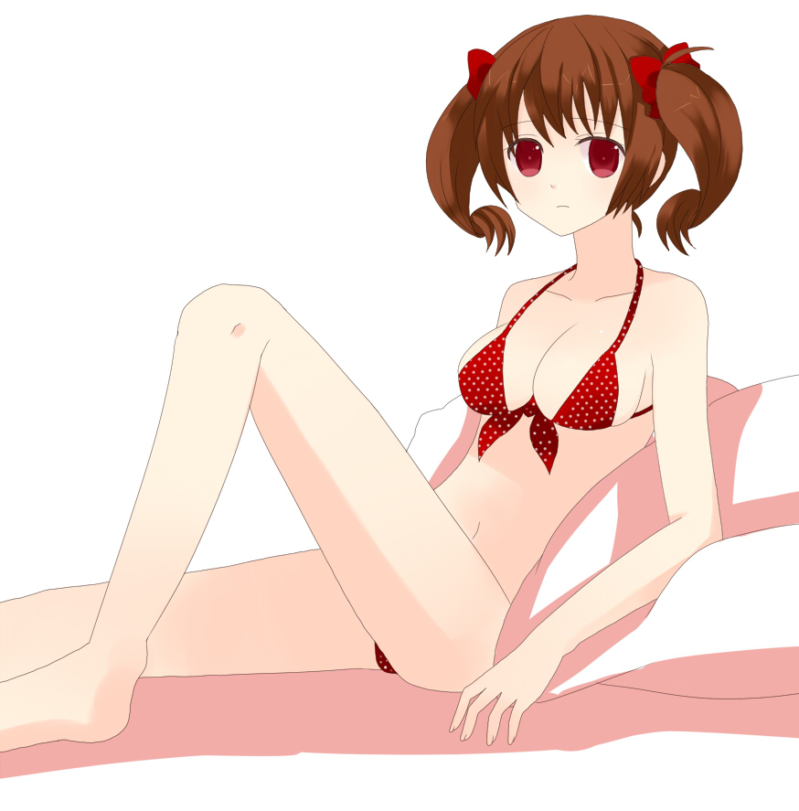 mir (artist), original, 1girl, barefoot, bikini, breasts, brown hair, cleavage, female focus, large breasts, navel, polka dot, polka dot bikini, red bikini, red eyes, sitting, solo, swimsuit, twintails