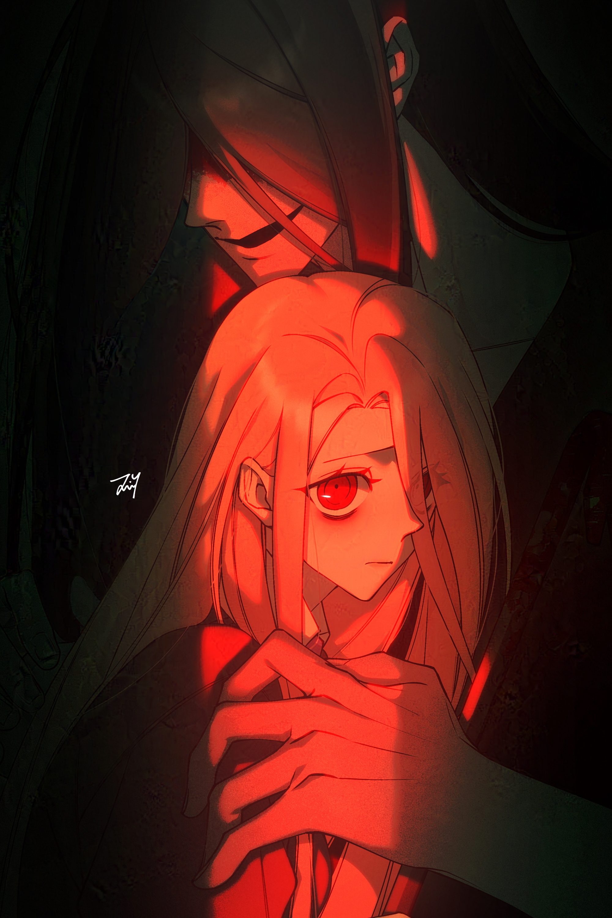 bbabbamis2, adashino adami, mr. crawling, homicipher, absurdres, highres, 1boy, 1girl, black background, blood, blood on face, long hair, looking at viewer, orange hair, red eyes, ringed eyes, simple background, upper body, very long hair