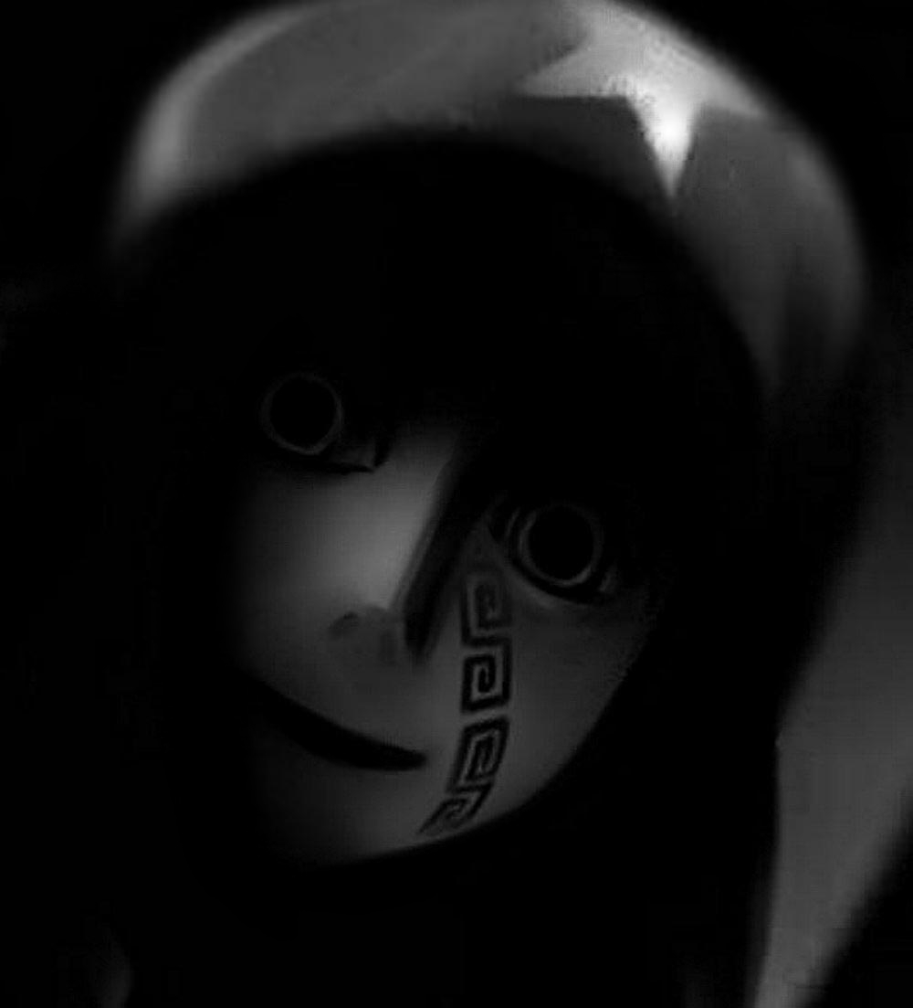 futon (kitsune tsuki), kitsune tsuki, hong meiling, touhou, (o) (o), 1girl, black theme, creepy, dark, female focus, greyscale, horror (theme), monochrome, open mouth, solo, staring