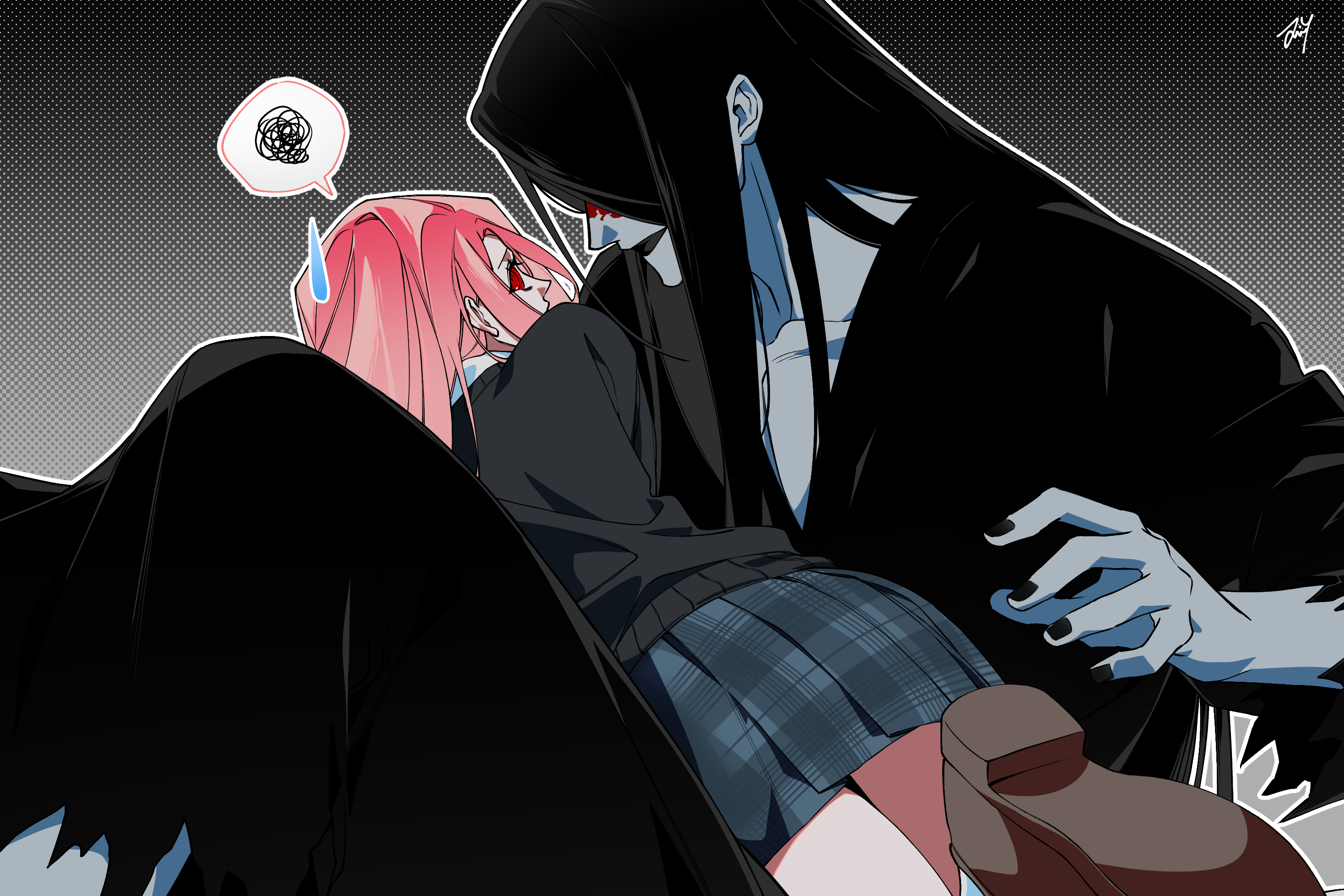 bbabbamis2, adashino adami, mr. crawling, homicipher, commentary request, highres, korean commentary, 1boy, 1girl, black background, black hair, black kimono, black sweater, blood, blood on face, gradient background, japanese clothes, kimono, long hair, looking at viewer, looking back, lying, lying on lap, on stomach, pink hair, red eyes, ringed eyes, skirt, sweater, torn clothes, very long hair