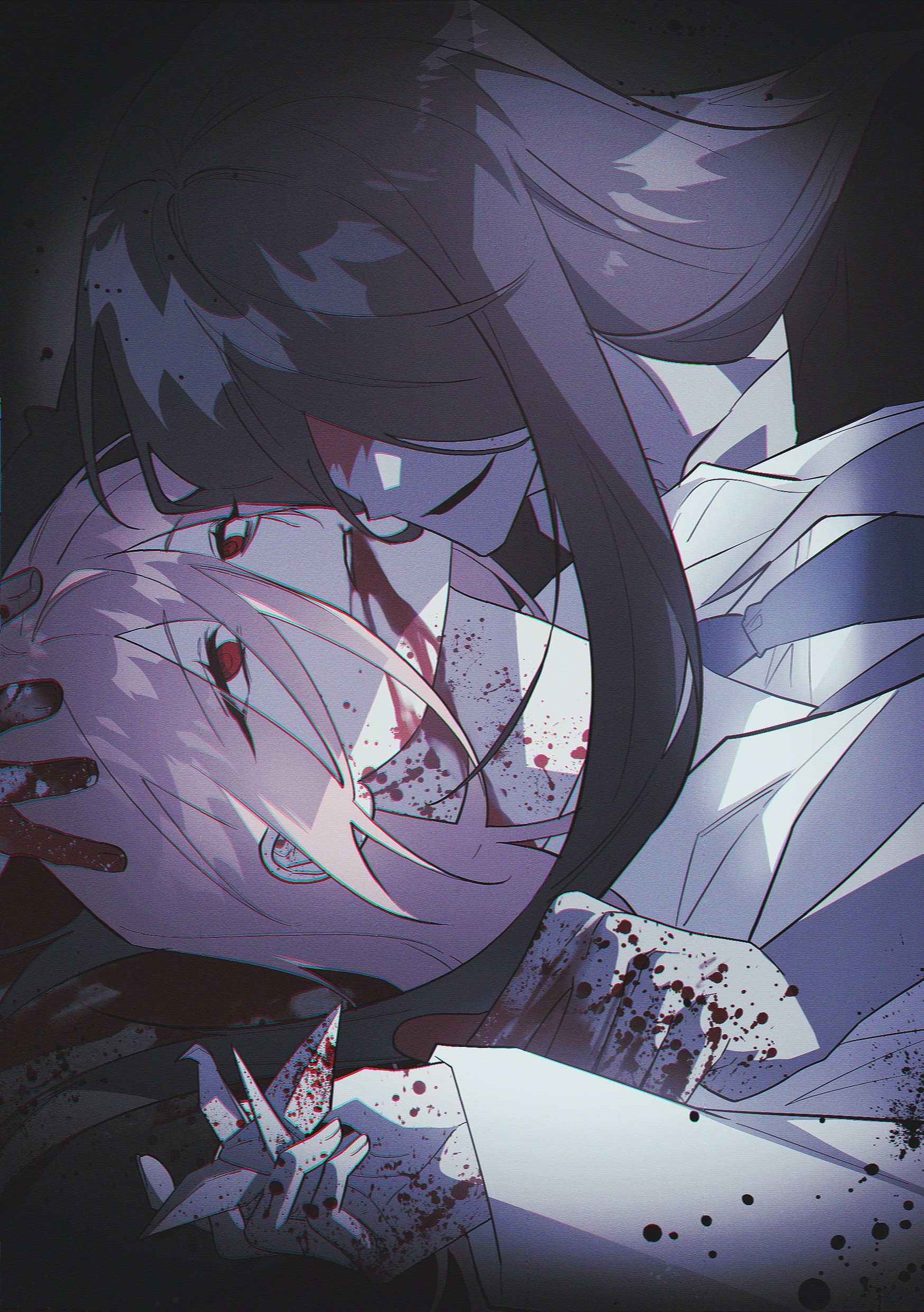 bbabbamis2, adashino adami, mr. crawling, homicipher, absurdres, commentary request, highres, korean commentary, 1boy, 1girl, black hair, blood, blood from mouth, blood on face, blood on hands, hand on another's head, hetero, long hair, lying, on back, origami, paper crane, pink hair, raincoat, red eyes, ringed eyes, white raincoat