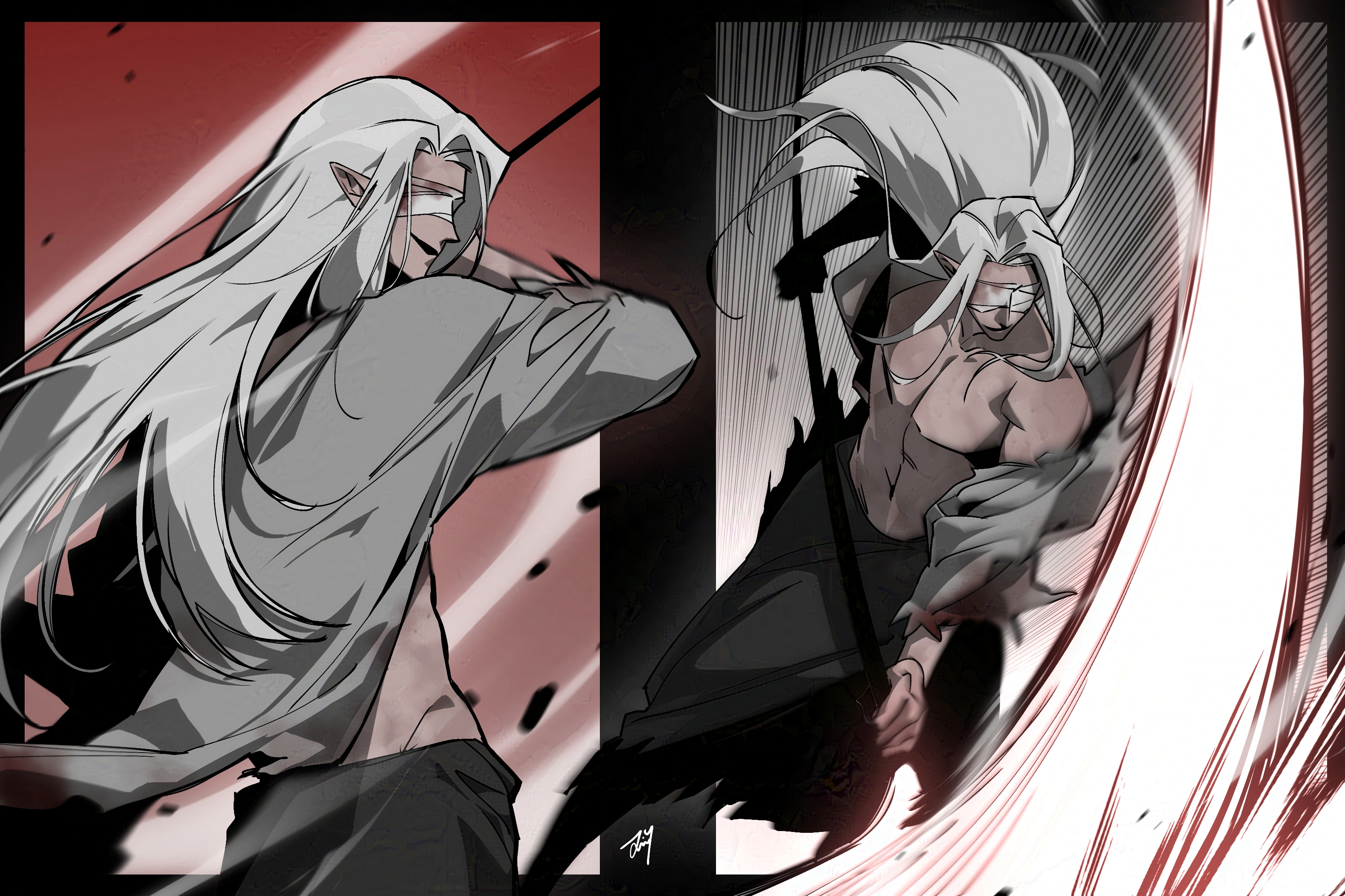 bbabbamis2, mr. silvair, homicipher, commentary request, highres, korean commentary, 1boy, axe, bandages, bandages over eyes, black skirt, blood, blood on clothes, bloody bandages, coat, grey coat, grey hair, holding, holding axe, holding weapon, long hair, male focus, multiple views, pointy ears, skirt, toned, toned male, weapon