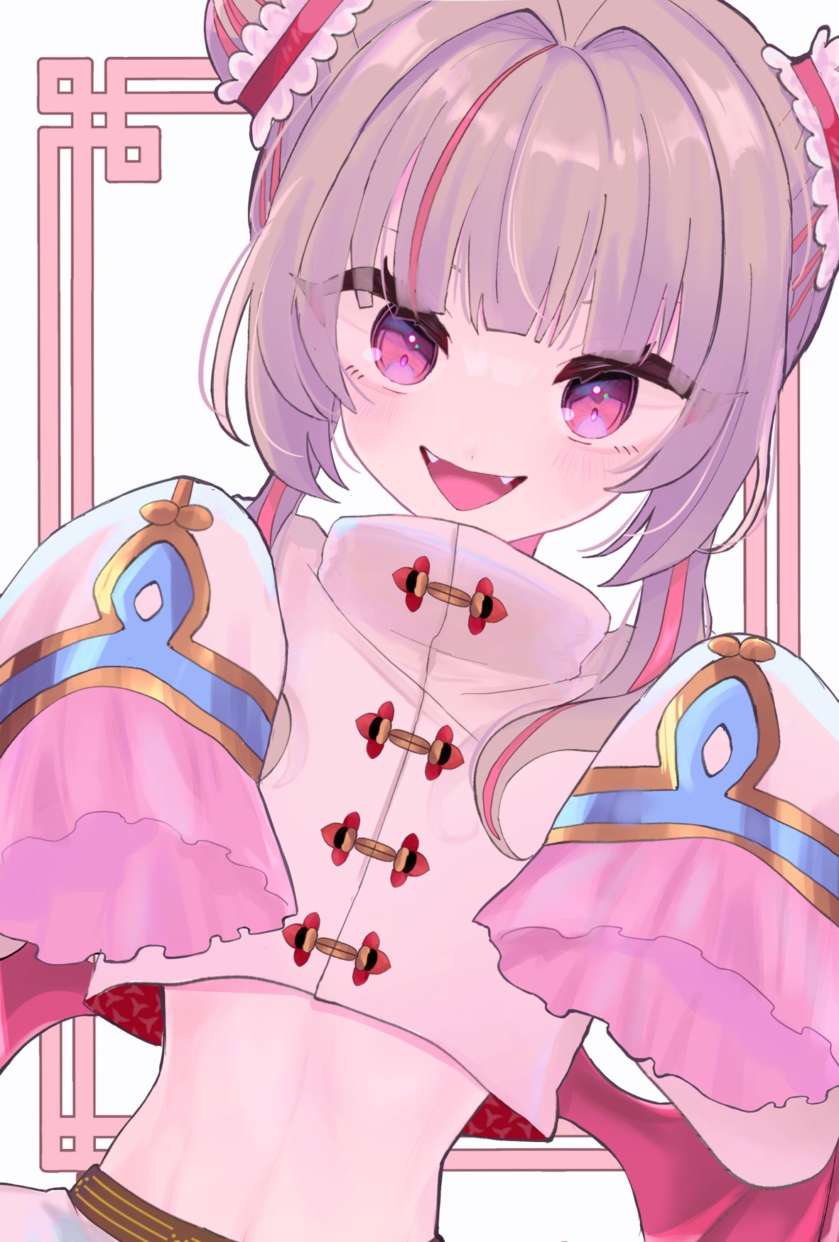 oyster love, makaino ririmu, nijisanji, highres, 1girl, blunt bangs, blush, chinese clothes, colored inner hair, crop top, crop top overhang, cropped jacket, demon wings, double bun, dutch angle, fangs, frilled sleeves, frills, ghost pose, grey hair, hair bun, hair intakes, hair over shoulder, hands up, jacket, long hair, long sleeves, looking at viewer, low wings, midriff, multicolored hair, official alternate costume, official alternate hairstyle, open mouth, pink frills, pink hair, pointy ears, red eyes, red wings, sidelocks, sleeves past fingers, sleeves past wrists, solo, streaked hair, upper body, virtual youtuber, white background, white jacket, wings