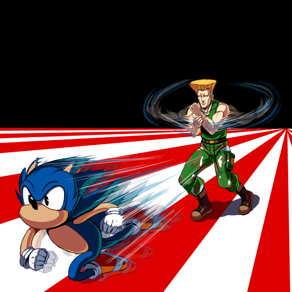 kouno (masao), guile, sonic the hedgehog, capcom, sega, sonic (series), street fighter, 2boys, belt, blonde hair, boots, camouflage, crossover, flattop, furry, furry male, gloves, motion lines, multiple boys, name connection, no mouth, object namesake, pun, simple background, sonic boom (street fighter), speed lines, too literal