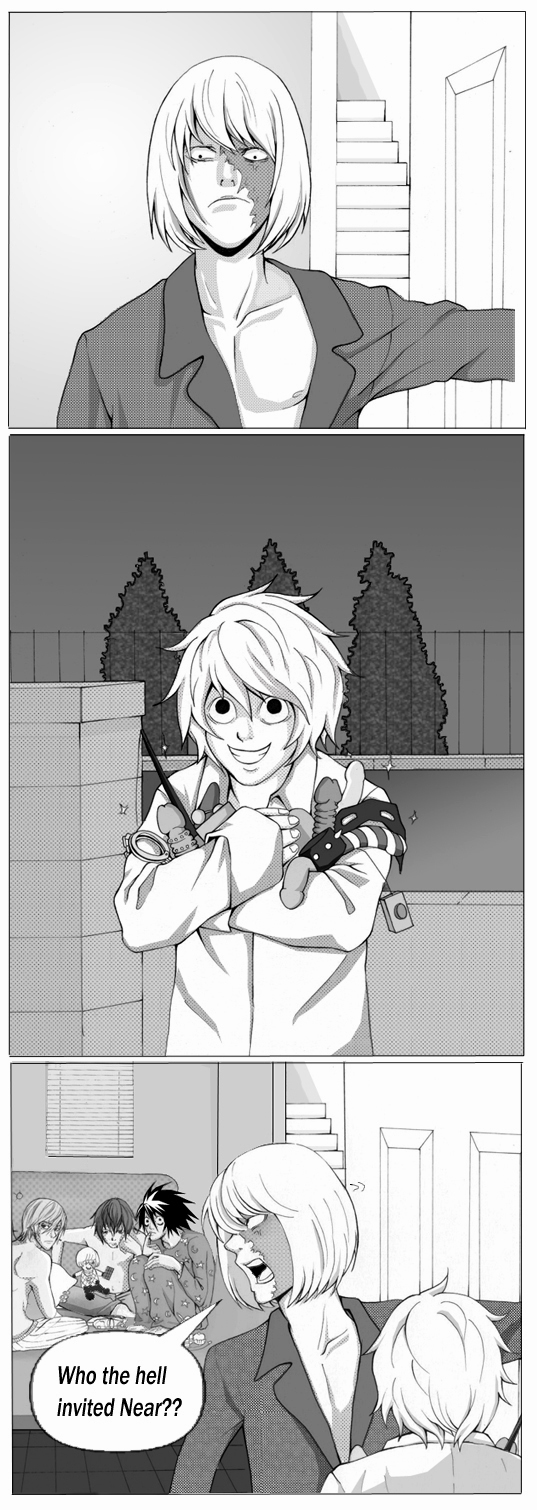l (death note), matt (death note), mello (death note), near (death note), yagami light, death note, highres, long image, source request, tall image, 00s, 5boys, comic, cuffs, dildo, greyscale, handcuffs, mask, monochrome, multiple boys, sex toy, vibrator, wand, what, you gonna get raped