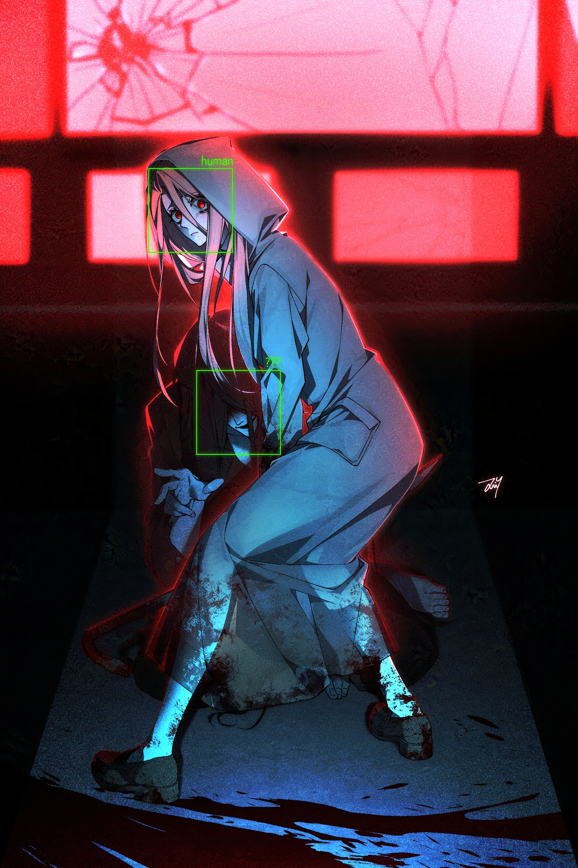 bbabbamis2, adashino adami, mr. crawling, homicipher, absurdres, commentary, english commentary, highres, 1boy, 1girl, black hair, black kimono, blood, blood on clothes, blood on ground, broken glass, crowbar, facial recognition, glass, holding, holding crowbar, hood, hood up, indoors, japanese clothes, kimono, long hair, looking at viewer, pink hair, raincoat, red eyes, ringed eyes, very long hair