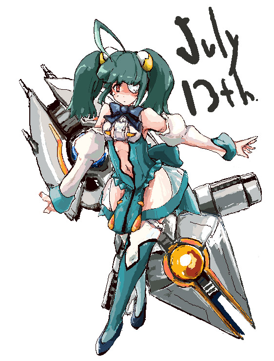 july13th, tita nium, otomedius, 1girl, ahoge, black bow, black bowtie, blunt bangs, boots, bow, bowtie, center opening, dated, detached sleeves, female focus, frilled thighhighs, frills, green boots, green hair, green thighhighs, long hair, mecha musume, navel, orange eyes, pelvic curtain, revealing clothes, see-through clothes, see-through skirt, simple background, sketch, skirt, solo, thighhighs, twintails, white background