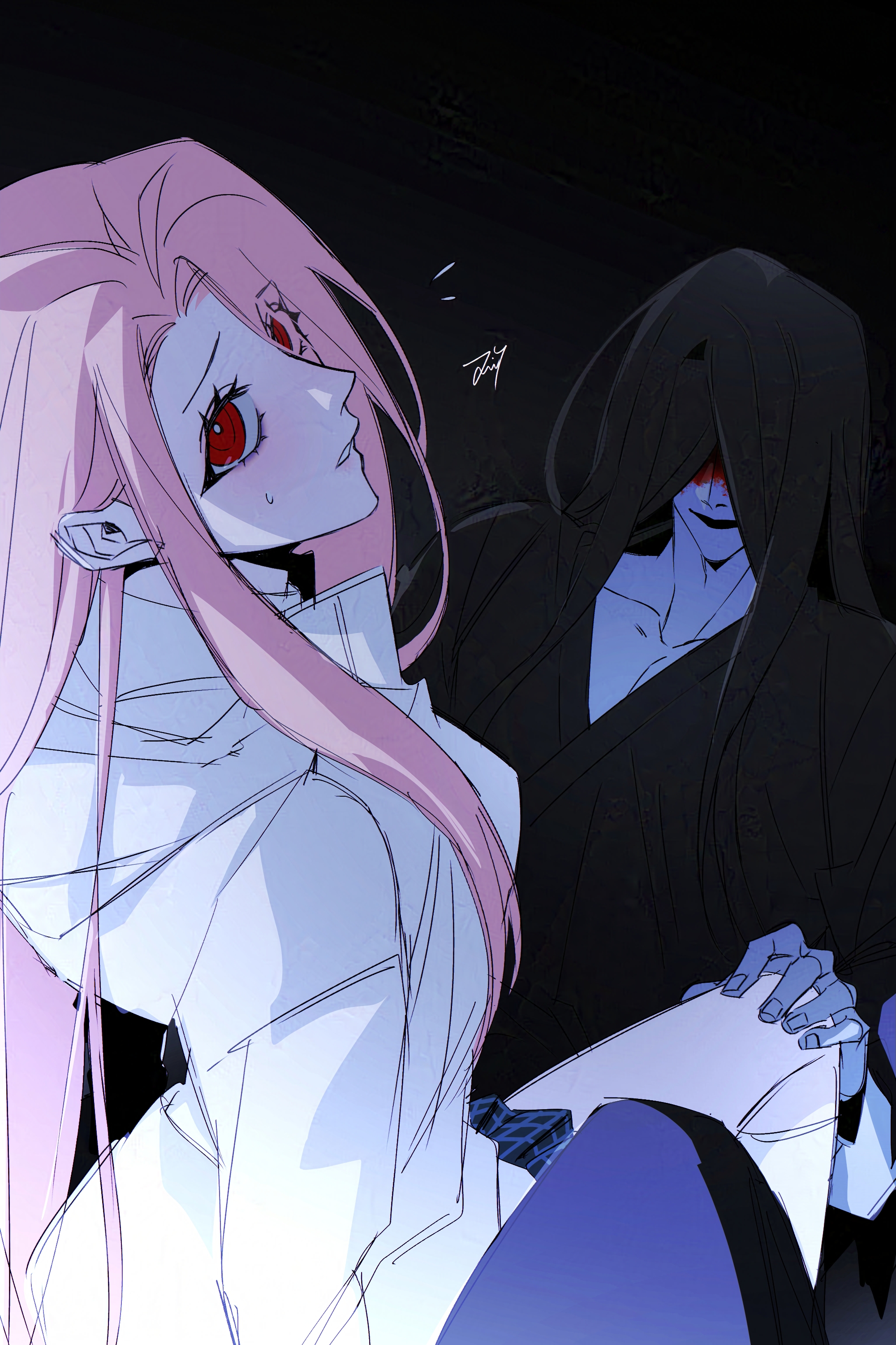bbabbamis2, mr. crawling, homicipher, absurdres, commentary request, highres, korean commentary, black background, black hair, black kimono, blood, blood on face, blush, flying sweatdrops, hetero, hood, hood down, japanese clothes, kimono, long hair, looking at viewer, looking back, pink hair, raincoat, red eyes, ringed eyes, simple background, sitting, sitting on person, skirt, very long hair, white raincoat