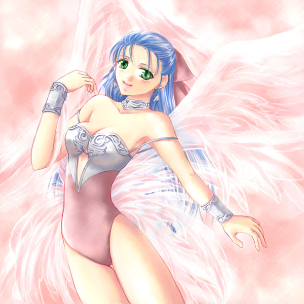 flora (dq5), dragon quest, dragon quest v, 1girl, angel leotard, bad anatomy, blue hair, bow, female focus, green eyes, half updo, leotard, lingerie, pink bow, poorly drawn, solo, underwear, wings
