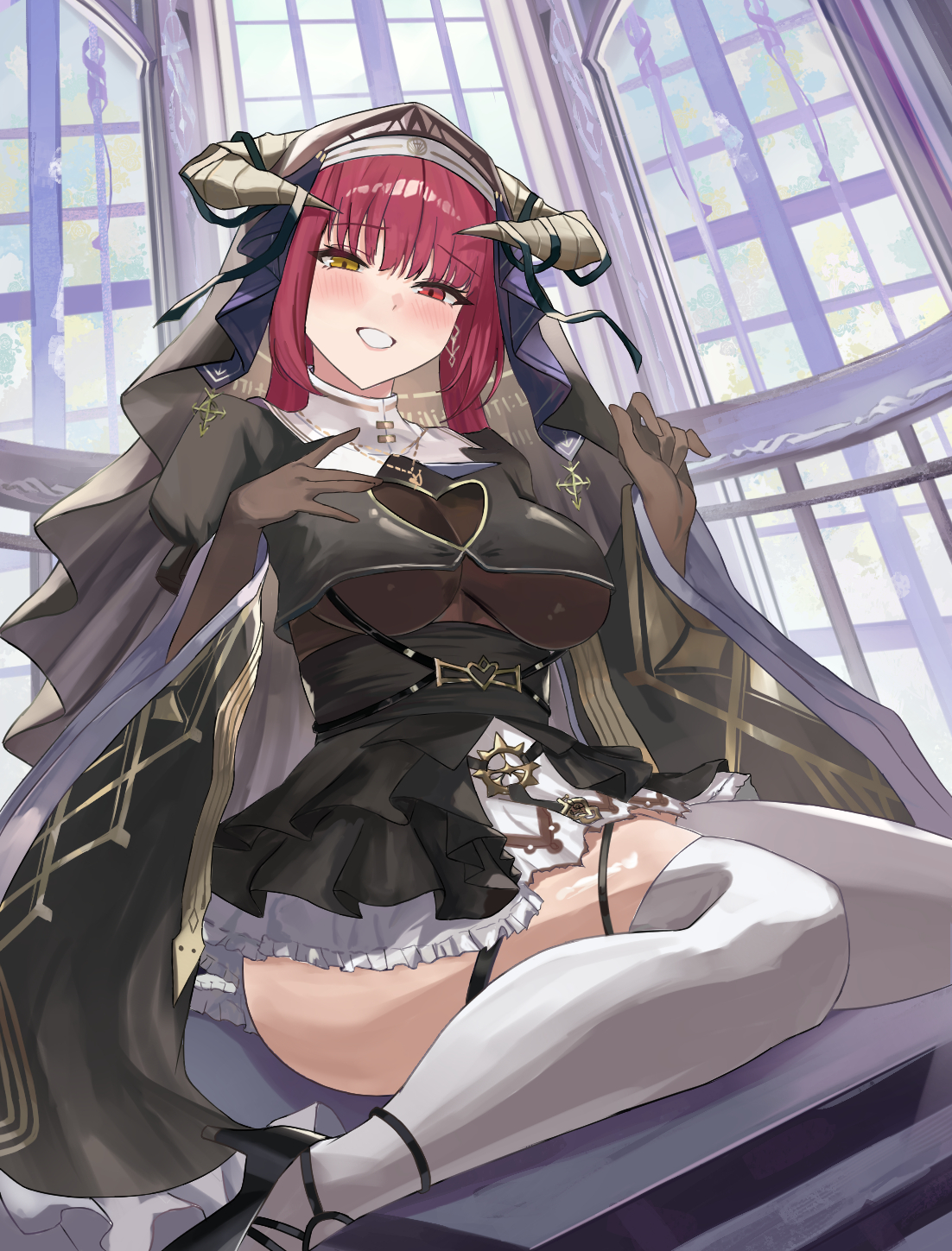 miko 4013, houshou marine, houshou marine (ahoy!! you're all pirates), hololive, highres, 1girl, black dress, breasts, dress, heterochromia, horns, indoors, large breasts, long hair, red eyes, red hair, solo, thighhighs, very long hair, white thighhighs, yellow eyes