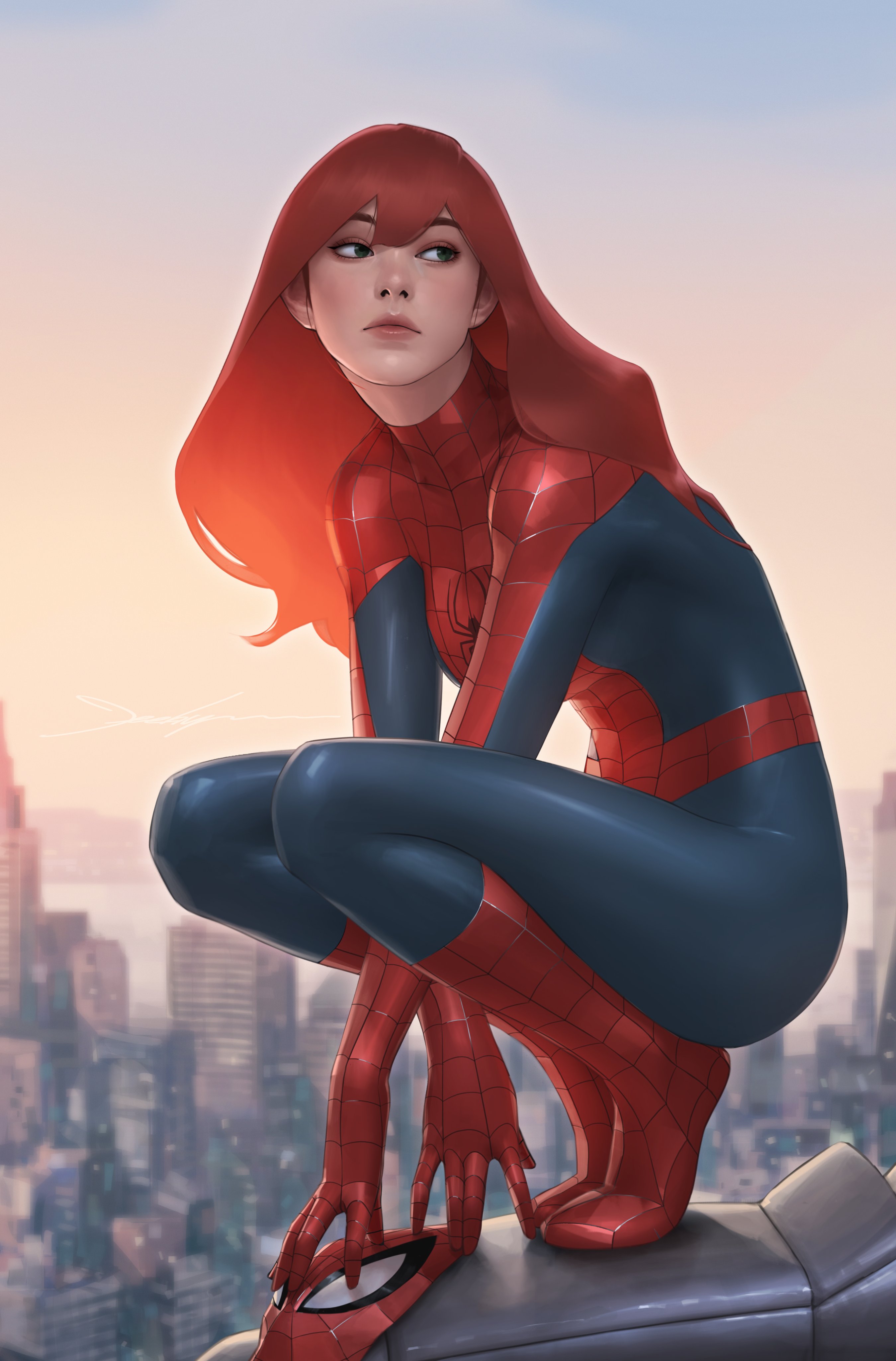 jee-hyung lee, mary jane watson, marvel, spider-man (series), absurdres, commentary, english commentary, highres, 1girl, blurry, blurry background, cityscape, green eyes, long hair, red hair, signature, solo
