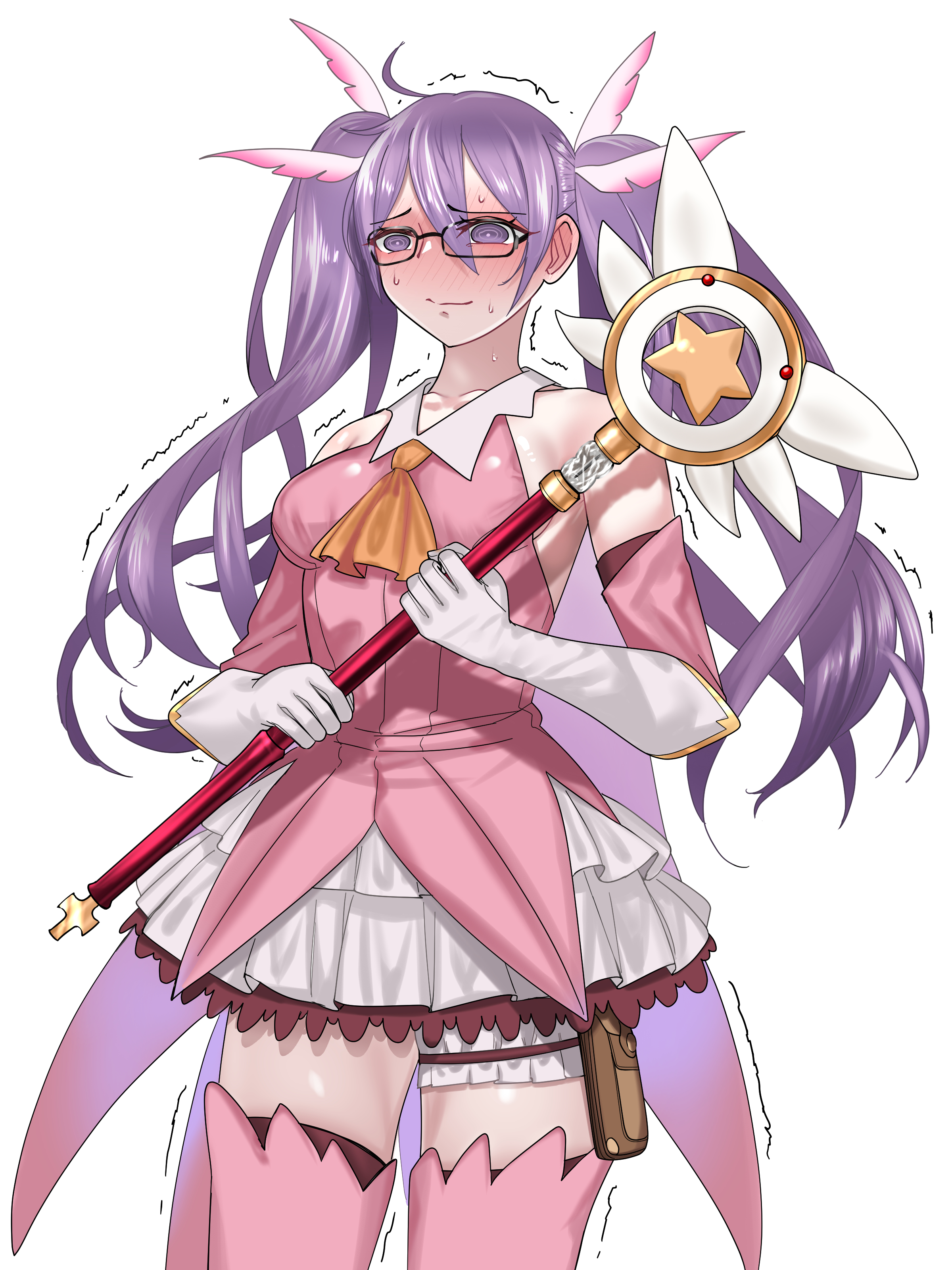 blue notuki, illyasviel von einzbern, kaleidostick, magical ruby, prisma illya, sion eltnam (type-moon), sion eltnam sokaris, fate/grand order, fate/kaleid liner prisma illya, fate (series), absurdres, highres, 1girl, @ @, bare shoulders, blush, breasts, cosplay, dress, feather hair ornament, feathers, gloves, hair ornament, layered gloves, long hair, magical girl, medium breasts, pink gloves, prisma illya (cosplay), purple eyes, purple hair, solo, twintails, wand