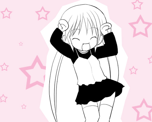 kiira, sanzen'in nagi, hayate no gotoku!, popotan, lowres, 1girl, caramelldansen, female focus, monochrome, parody, pink background, solo, thighhighs, twintails