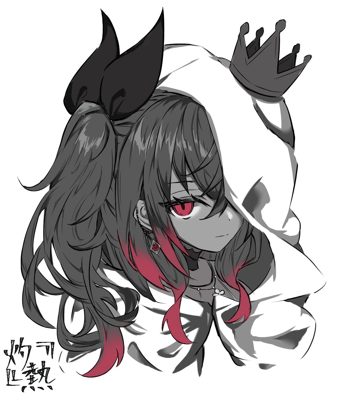 boboboburning, isaki riona, hololive, hololive dev is, highres, 1girl, cloak, crown, earrings, flower earrings, greyscale, hood, hooded cloak, jewelry, long hair, monochrome, one eye covered, one side up, portrait, red eyes, signature, spot color, virtual youtuber