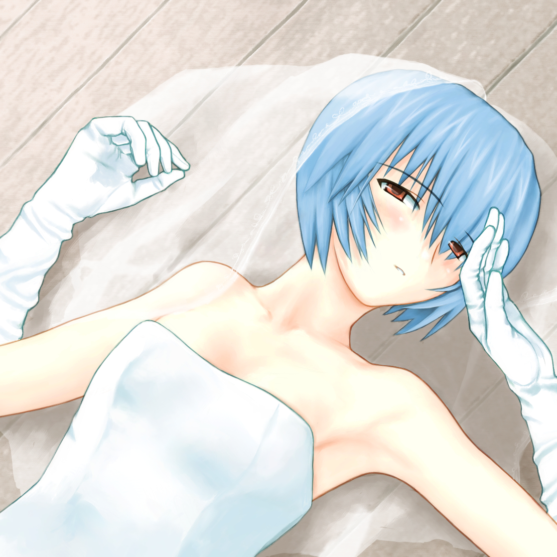 hanta bonjin, ayanami rei, neon genesis evangelion, blue hair, blush, bridal veil, bride, dress, elbow gloves, gloves, red eyes, short hair, solo, veil, wedding dress