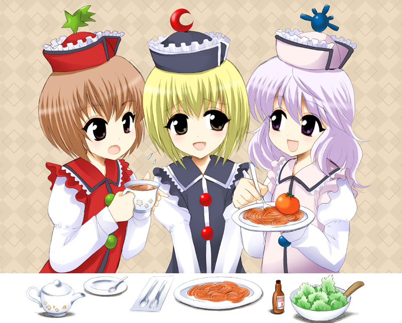lunasa prismriver, lyrica prismriver, merlin prismriver, touhou, 3girls, blonde hair, brown hair, cup, female focus, food, hat, multiple girls, purple hair, short hair, siblings, sisters, teacup, tomato