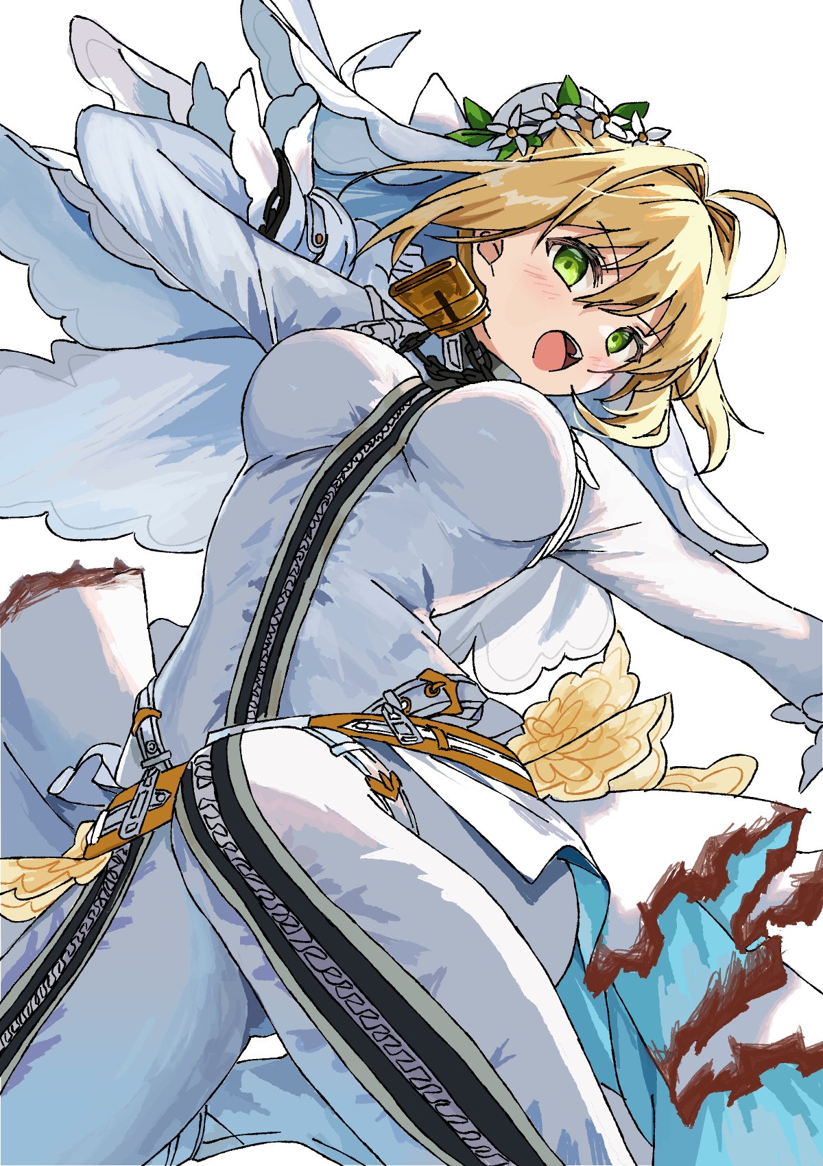 nero claudius (bride) (fate), nero claudius (fate), fate/extra, fate/extra ccc, fate (series), highres, 1girl, blonde hair, bodysuit, breasts, cowboy shot, green eyes, simple background, skirt, solo, syst098, white background, white bodysuit, white skirt