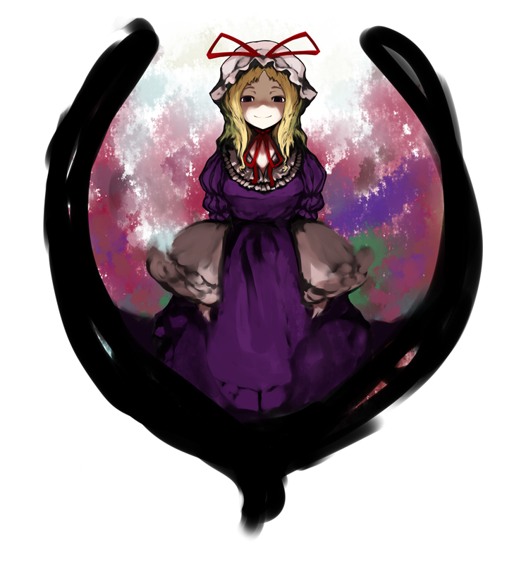 ech, laboto, yakumo yukari, touhou, 1girl, blonde hair, dress, female focus, full body, hat, hat ribbon, hetareya, layered sleeves, long sleeves, mob cap, puffy short sleeves, puffy sleeves, purple dress, purple eyes, red ribbon, ribbon, shaded face, short hair, short sleeves, sidelocks, solo, standing, wide sleeves
