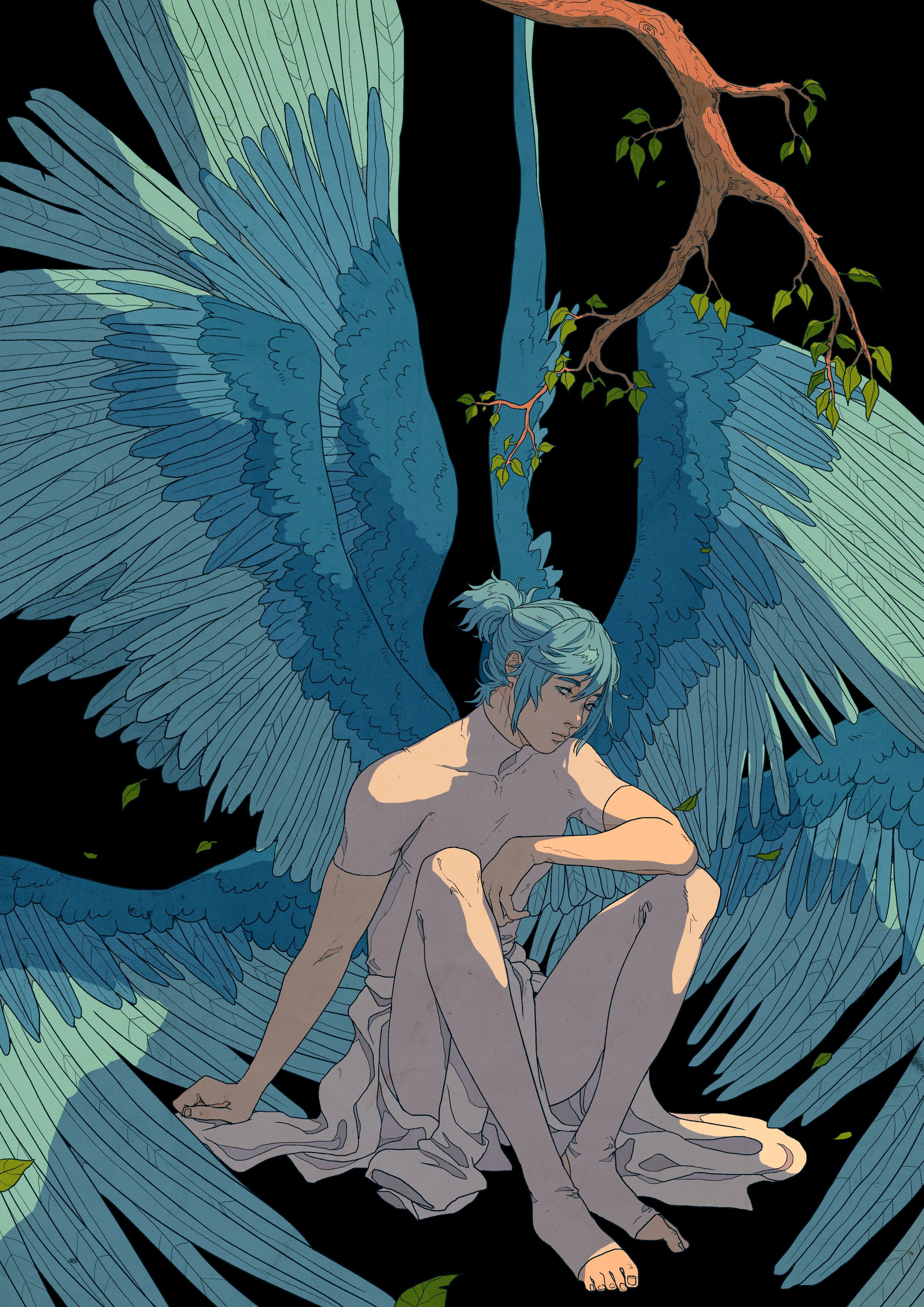 ionomycin, original, absurdres, commentary, english commentary, highres, 1boy, angel wings, black background, blue eyes, blue hair, blue wings, branch, closed mouth, elbow on knee, falling leaves, knees up, leaf, looking at viewer, no shoes, ponytail, shirt, short hair, short ponytail, sidelocks, simple background, sitting, solo, stirrup legwear, thighhighs, tight clothes, tight shirt, toeless legwear, white shirt, white thighhighs, wings