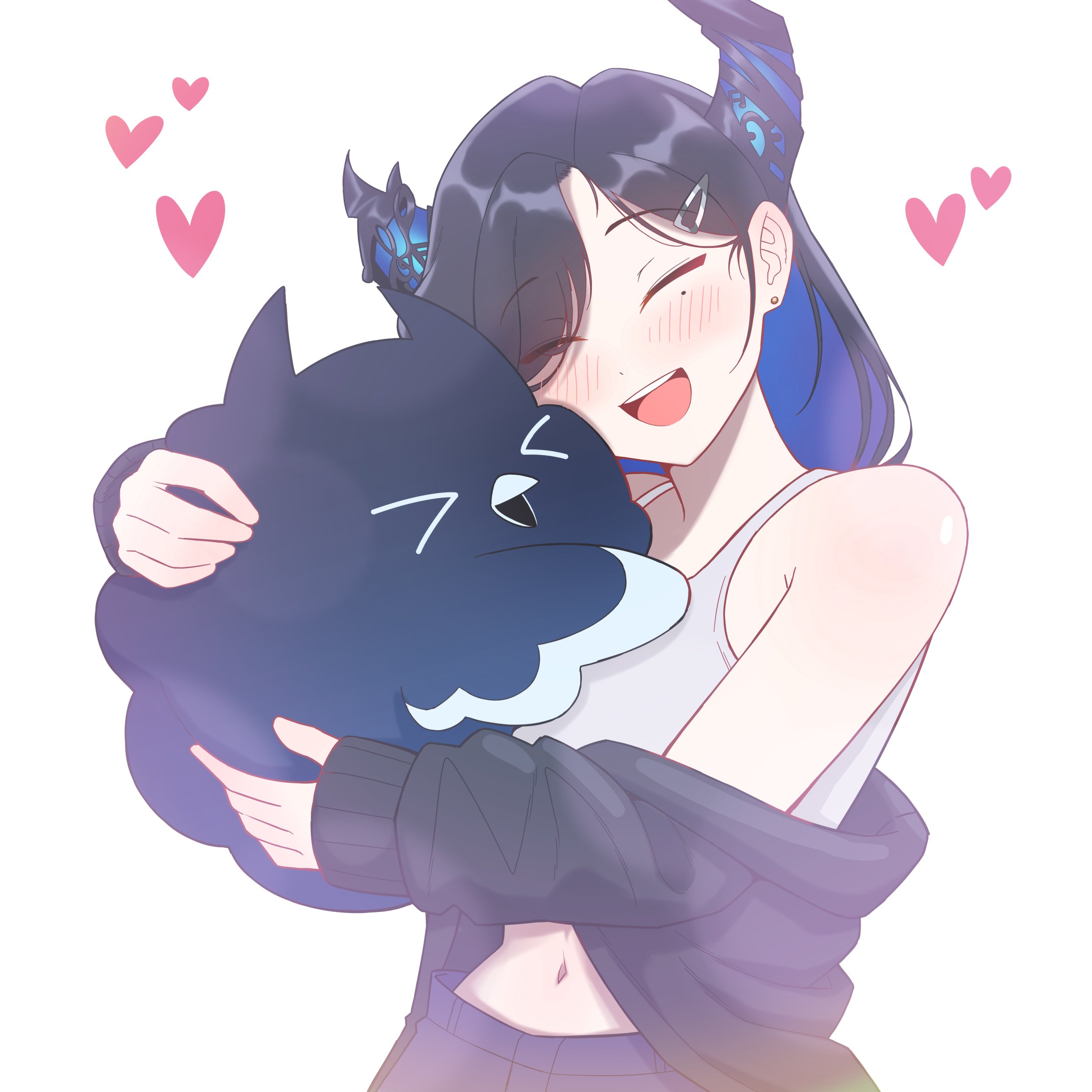 cipher4109, jailbird (nerissa ravencroft), nerissa ravencroft, hololive, hololive english, absurdres, highres, 1girl, bare shoulders, black hair, black jacket, blue hair, blush, closed eyes, heart, hug, jacket, mole, mole under eye, multicolored hair, navel, off shoulder, open mouth, simple background, tank top, two-tone hair, virtual youtuber, white background, white tank top