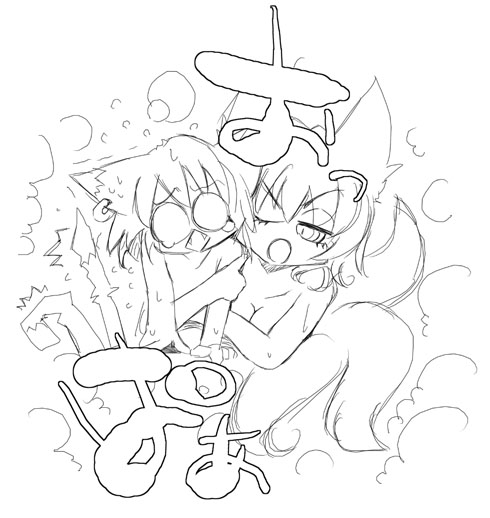 usoneko, chen, yakumo ran, touhou, 2girls, animal ears, bath, breasts, cat ears, cat girl, cat tail, cleavage, earrings, fangs, female focus, fox ears, fox tail, greyscale, jewelry, monochrome, multiple girls, multiple tails, short hair, sketch, tail, white background