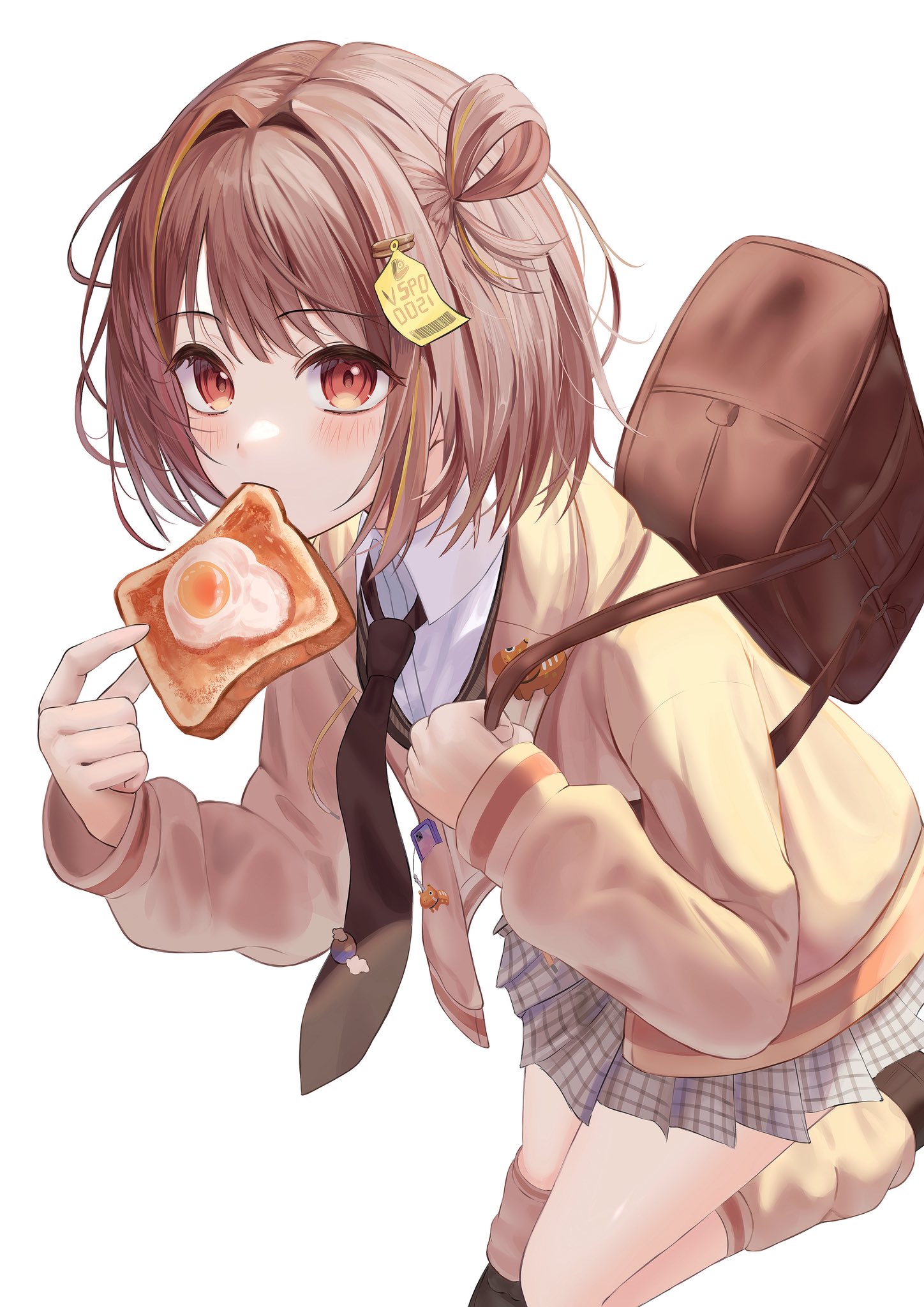 1ruq, sendo yuuhi, sendo yuuhi (1st costume), vspo!, highres, 1girl, akabeko, blush, bread, bread slice, brown bag, brown hair, brown necktie, brown shoes, collared shirt, food, food in mouth, fried egg, grey skirt, hair intakes, hair ornament, hair rings, holding strap, hood, hood down, hooded jacket, jacket, looking at viewer, miniskirt, mouth hold, necktie, pleated skirt, red eyes, shirt, shoes, short hair, simple background, single hair ring, skirt, socks, solo, toast, toast in mouth, virtual youtuber, white background, white shirt, yellow jacket, yellow socks