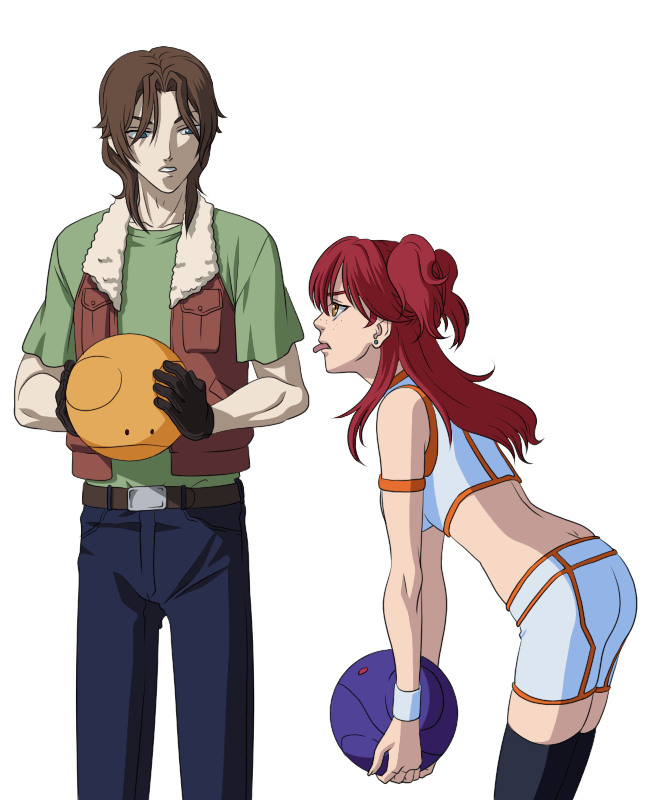 bad haro, haro, lockon stratos, nena trinity, gundam, gundam 00, 00s, 1boy, 1girl, bike shorts, crop top, freckles, midriff, red hair, thighhighs, tongue, two side up, yellow eyes, zettai ryouiki