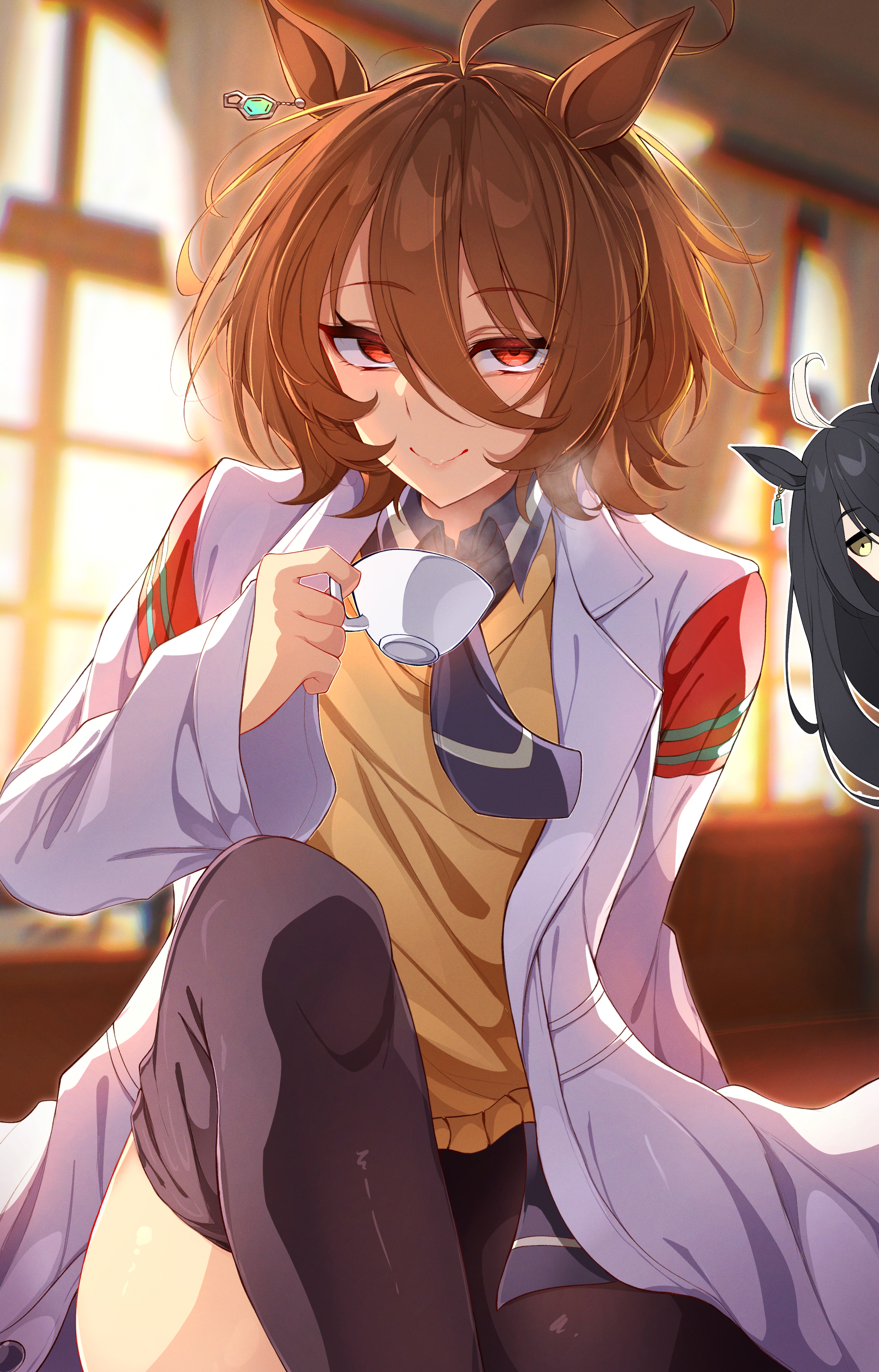 midori (midori13579), agnes tachyon (umamusume), manhattan cafe (umamusume), umamusume, absurdres, highres, 2girls, animal ears, black hair, black pantyhose, blue necktie, blue shirt, brown hair, closed mouth, clothes pull, cup, hair between eyes, hair over one eye, holding, holding cup, horse ears, horse girl, lab coat, long hair, looking at viewer, multiple girls, necktie, no pants, pantyhose, pantyhose pull, red eyes, shirt, short hair, sidelocks, smile, sweater, teacup, yellow eyes, yellow sweater