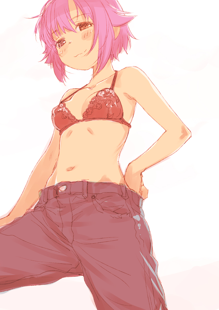 sakaki imasato, koshimizu sachiko, idolmaster, idolmaster cinderella girls, commentary, highres, 1girl, :3, armpit crease, bare arms, black bra, blush, bra, breasts, brown eyes, collarbone, denim, dot nose, from below, hand on own hip, jeans, light smile, looking at viewer, medium breasts, navel, no shirt, pants, purple hair, short hair, sidelocks, simple background, solo, underwear, white background
