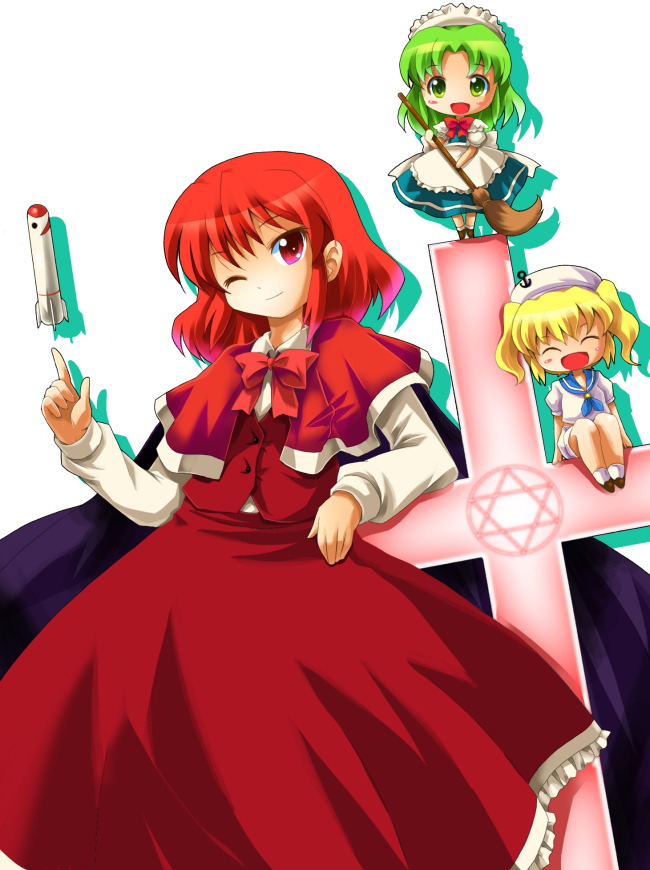 michii yuuki, kitashirakawa chiyuri, mimi-chan, okazaki yumemi, ruukoto, phantasmagoria of dim.dream, touhou, touhou (pc-98), 3girls, blonde hair, bow, cape, capelet, chibi, closed eyes, cross, dress, female focus, green eyes, green hair, hat, hexagram, magic circle, maid, multiple girls, one eye closed, open mouth, red dress, red eyes, red hair, sailor, sailor hat, short hair, smile, twintails