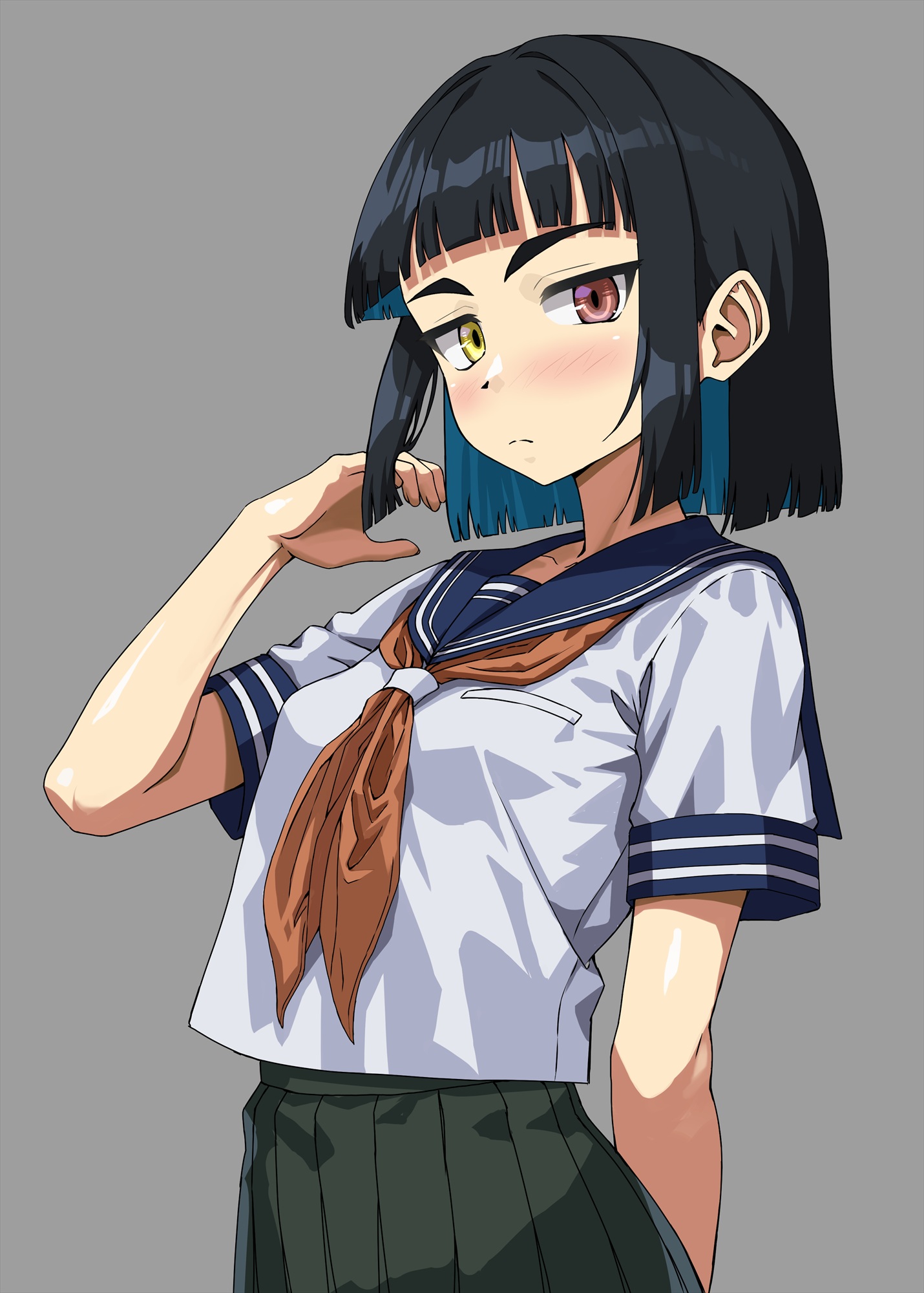onimushi hyogo, abigail ellison, shironagasu-tou e no kikan, highres, 1girl, black hair, blunt bangs, blush, bob cut, brown eyes, green skirt, grey background, hand in own hair, heterochromia, looking at viewer, neckerchief, orange neckerchief, pleated skirt, sailor collar, school uniform, serafuku, shiny skin, short sleeves, simple background, skirt, solo, standing, yellow eyes