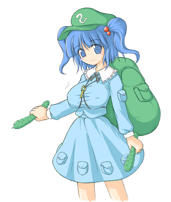 miyata gakuman, kawashiro nitori, touhou, 1girl, backpack, bag, blue eyes, blue hair, blush stickers, breasts, covered erect nipples, cucumber, female focus, hair bobbles, hair ornament, hat, large breasts, looking at viewer, matching hair/eyes, motion lines, simple background, solo, standing, twintails, two side up, white background