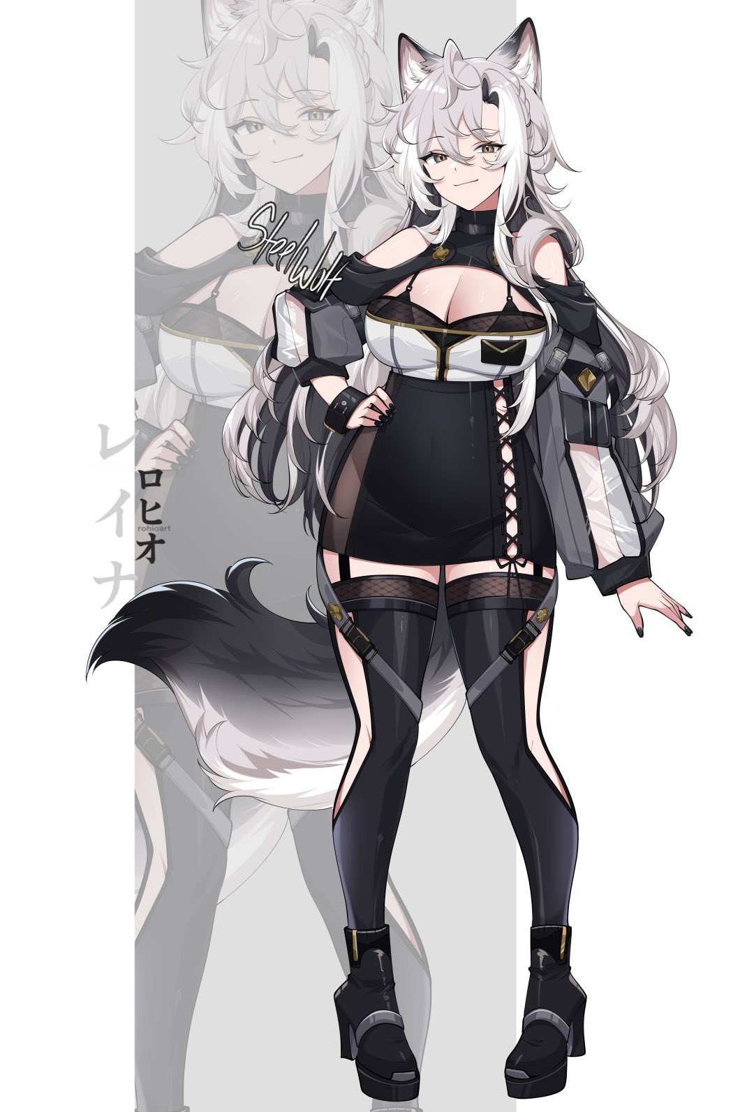 rohioart, original, highres, 1girl, animal ears, artist name, bare shoulders, black bra, black dress, black hair, black nails, black thighhighs, bra, breasts, character name, cleavage, cleavage cutout, clothing cutout, colored inner hair, dress, full body, grey eyes, grey hair, grey sleeves, large breasts, long hair, long sleeves, looking at viewer, multicolored hair, shoulder cutout, smile, solo, standing, tail, thighhighs, two-tone hair, underwear, wolf ears, wolf girl, wolf tail, zoom layer