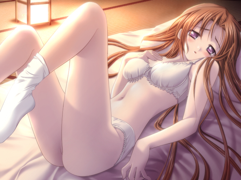masaharu, senomoto hisashi, sakakibara kukuri, tokidoki sugar, game cg, non-web source, 1girl, blush, bra, brown hair, female focus, lantern, legs up, lingerie, long hair, long legs, lying, on back, panties, purple eyes, socks, solo, stomach, underwear, underwear only, white panties