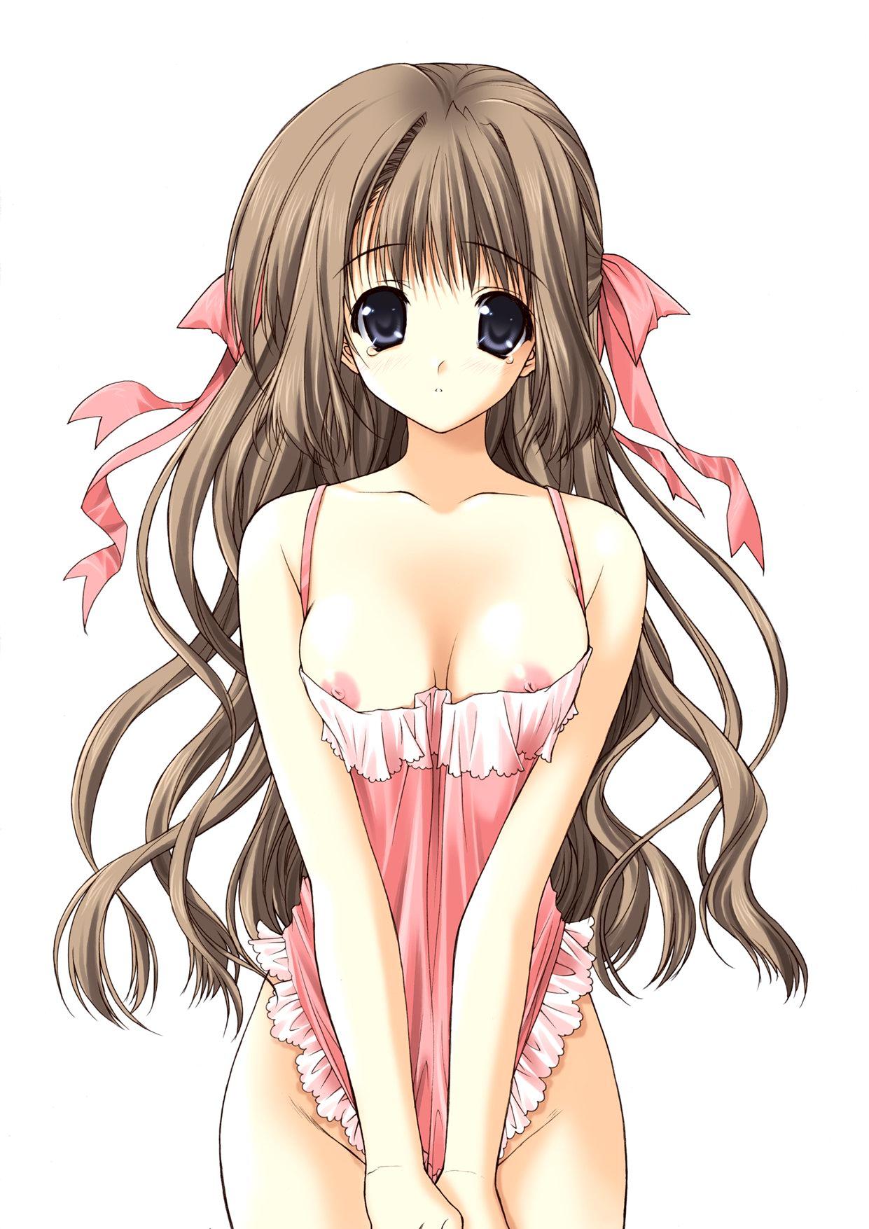 highres, 1girl, blue eyes, blush, breasts, clothes pull, dress pull, female focus, large breasts, pajamas, solo