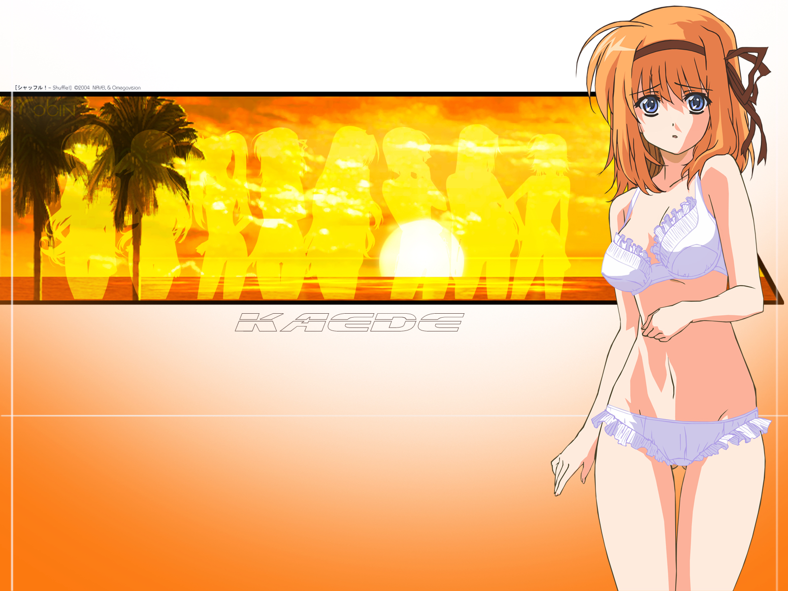 hosoda naoto, benibara nadeshiko, fuyou kaede, kareha, lisianthus, mayumi thyme, nerine, primula, shigure asa, shuffle!, highres, official art, official wallpaper, 00s, 1girl, 6+girls, :o, ahoge, blue eyes, bra, breasts, brown ribbon, character name, cleavage, clenched hand, cloud, cowboy shot, everyone, frilled bra, frilled panties, frills, gradient background, groin, hair ribbon, hairband, hip focus, large breasts, legs together, lineup, lingerie, looking at viewer, midriff, multiple girls, navel, ocean, open hand, orange background, orange hair, palm tree, panties, parted lips, raised eyebrows, ribbon, short hair, silhouette, sky, solo focus, standing, sun, sunset, thigh gap, thighs, tree, underwear, underwear only, water, white bra, white panties