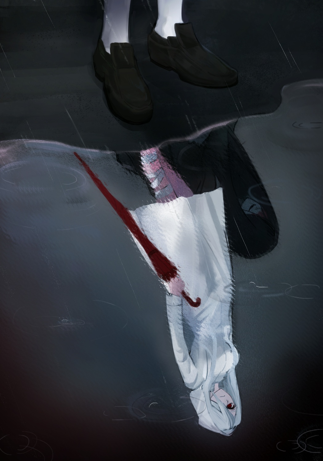 bbabbamis2, adashino adami, mr. crawling, homicipher, commentary request, highres, korean commentary, 1boy, 1girl, black hair, black kimono, hair over one eye, holding, holding umbrella, hood, hood up, japanese clothes, kimono, long hair, outdoors, puddle, rain, raincoat, red eyes, red umbrella, reflection, reflection focus, reflective water, umbrella, white hair, white raincoat