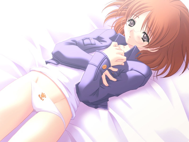 sakata akari, kimi no omoi sono negai, game cg, 1girl, blush, brown hair, clothes writing, female focus, glasses, no pants, panties, paw print, print panties, solo, underwear