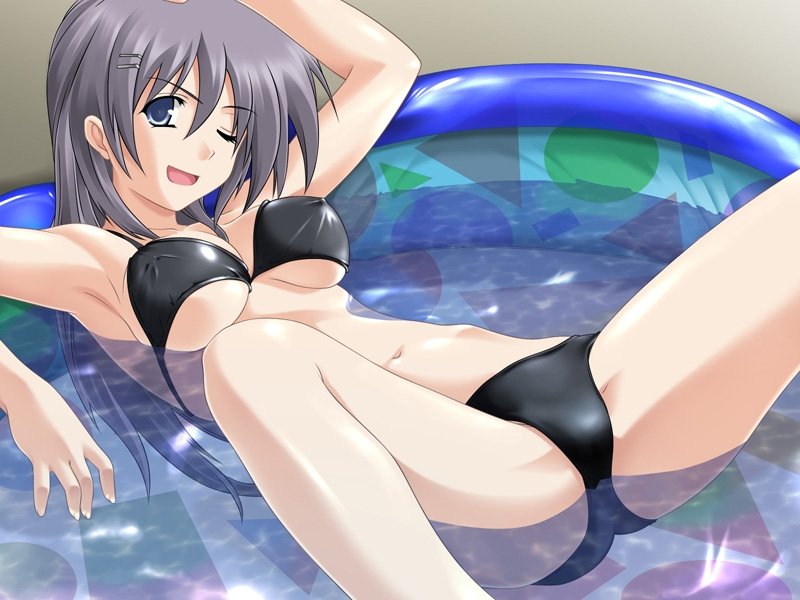asaga aoi, hidaka shizuku, cafe aqua, game cg, 1girl, bikini, black bikini, blue eyes, breasts, covered erect nipples, female focus, grey hair, hair ornament, hairclip, long hair, one eye closed, open mouth, partially submerged, solo, spread legs, swimsuit, underboob, wading pool, water, wink