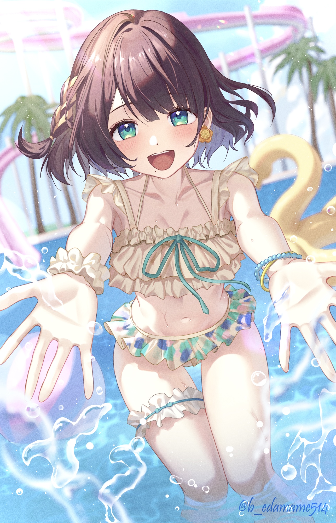 boku no edamame, shiga riko, nijisanji, highres, 1girl, artist name, bare shoulders, bikini, bikini skirt, blurry, blurry background, blush, bracelet, braid, breasts, brown hair, cleavage, collarbone, earrings, flamingo innertube, flower earrings, frilled bikini, frilled thigh strap, frills, green eyes, halterneck, happy, innertube, jewelry, looking at viewer, mole, mole under mouth, navel, open mouth, outdoors, palm tree, pool, side braid, smile, solo, swim ring, swimsuit, thigh strap, tree, virtual youtuber, water drop, wet, yellow bikini