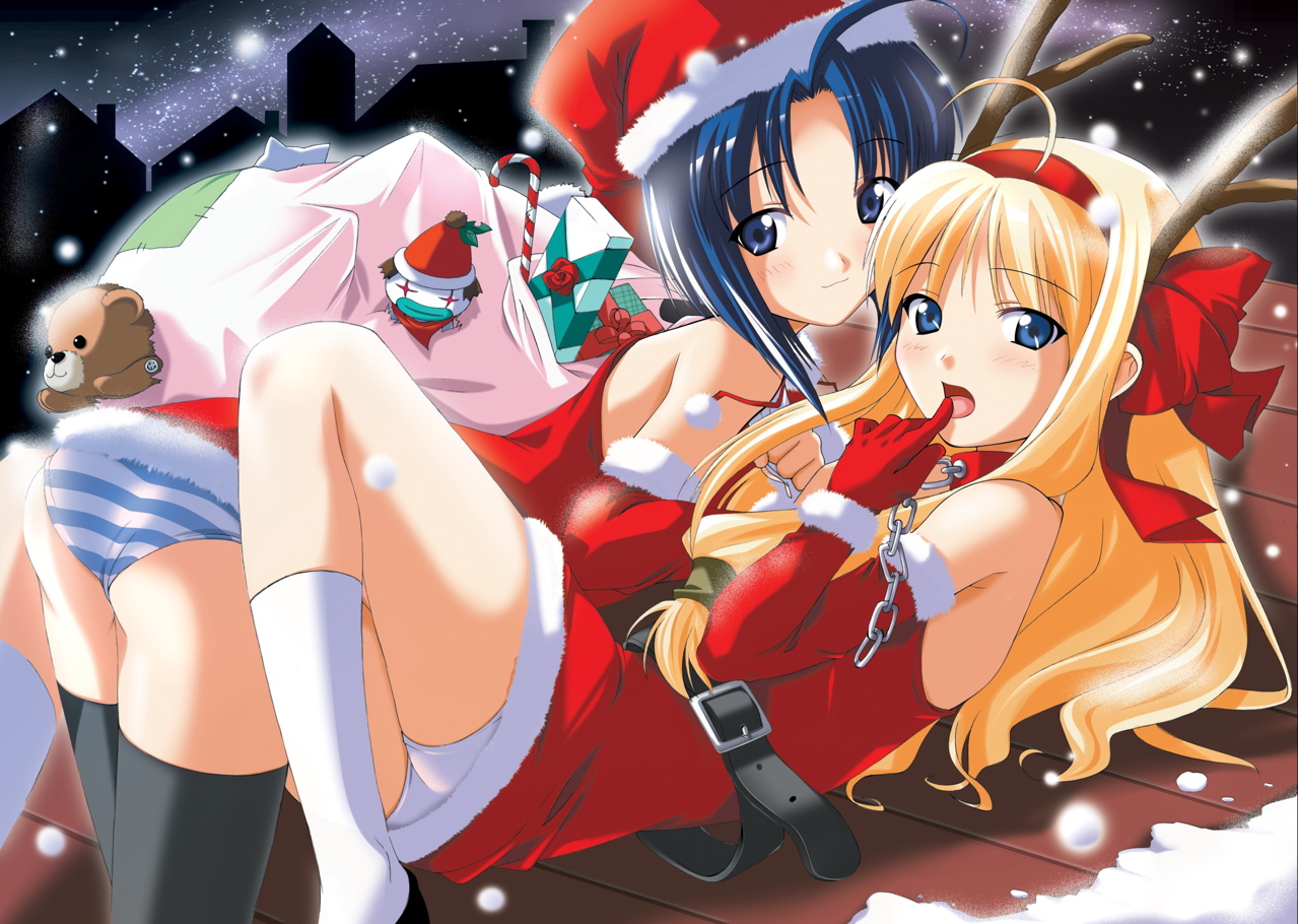 souryuu (double dragon), komiya momiji, oumori erisu, anonono, white legwear, official art, scan, + +, 2girls, all fours, antlers, armpits, ass, bare shoulders, belt, bent over, between thighs, black socks, blonde hair, blue eyes, blue hair, blue panties, blush, bow, candy, candy cane, chain, christmas, cityscape, collar, dress, elbow gloves, finger in own mouth, food, fur-trimmed headwear, fur trim, gift, girl on top, gloves, hair bow, hair tubes, hairband, hat, horns, kneehighs, legs, long hair, looking at viewer, looking back, lying, multiple girls, naughty face, night, night sky, on back, on stomach, open mouth, outdoors, panties, pantyshot, parted bangs, profile, red gloves, rooftop, sack, santa costume, santa hat, shadow, short dress, short hair, sidelocks, silhouette, sky, smile, snow, snowing, socks, striped clothes, striped panties, stuffed animal, stuffed toy, teddy bear, thighhighs, tongue, underwear, white panties, yuri
