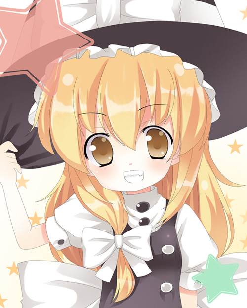 omiso, omiso (omiso), kirisame marisa, touhou, 1girl, blonde hair, blush, female focus, frills, hand on headwear, hat, long hair, looking at viewer, smile, solo, star (symbol), witch hat, yellow eyes