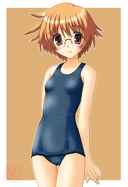neopure, yamada michiru, to heart (series), to heart 2, 00s, 1girl, arms behind back, blue one-piece swimsuit, blush, breasts, brown background, cameltoe, closed mouth, collarbone, cowboy shot, embarrassed, facing viewer, female focus, frown, glasses, legs together, looking at viewer, old school swimsuit, one-piece swimsuit, orange hair, outline, outside border, pink eyes, rimless eyewear, round eyewear, school swimsuit, short hair, signature, simple background, small breasts, solo, standing, swimsuit
