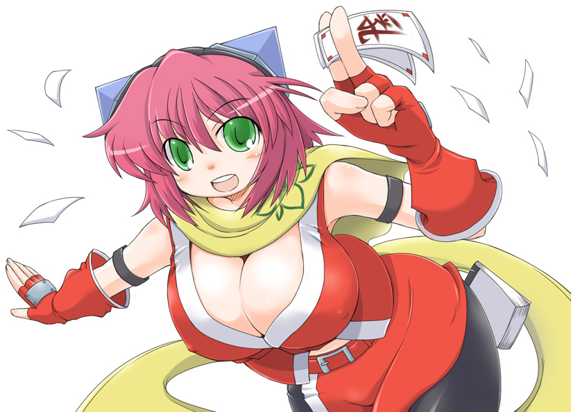 naitou kouse, izuna (gouma reifuden izuna), naitou, gouma reifuden izuna, 1girl, armband, belt, bent over, breasts, cleavage, covered erect nipples, female focus, fingerless gloves, gloves, goggles, green eyes, huge breasts, ninja, pink hair, plump, scarf, short hair, solo
