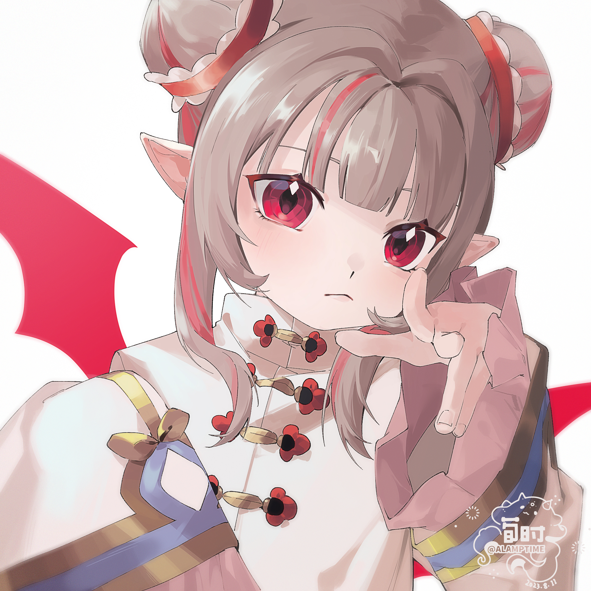 alamp, makaino ririmu, nijisanji, highres, 1girl, :<, blunt bangs, blush, chinese clothes, colored inner hair, demon wings, double bun, frilled sleeves, frills, grey hair, hair bun, hair intakes, hair over shoulder, jacket, long hair, long sleeves, looking at viewer, multicolored hair, official alternate costume, official alternate hairstyle, pink frills, pink hair, pointing, pointing at viewer, pointy ears, portrait, red eyes, red wings, sidelocks, simple background, sleeves past wrists, solo, streaked hair, virtual youtuber, watermark, white background, white jacket, wings
