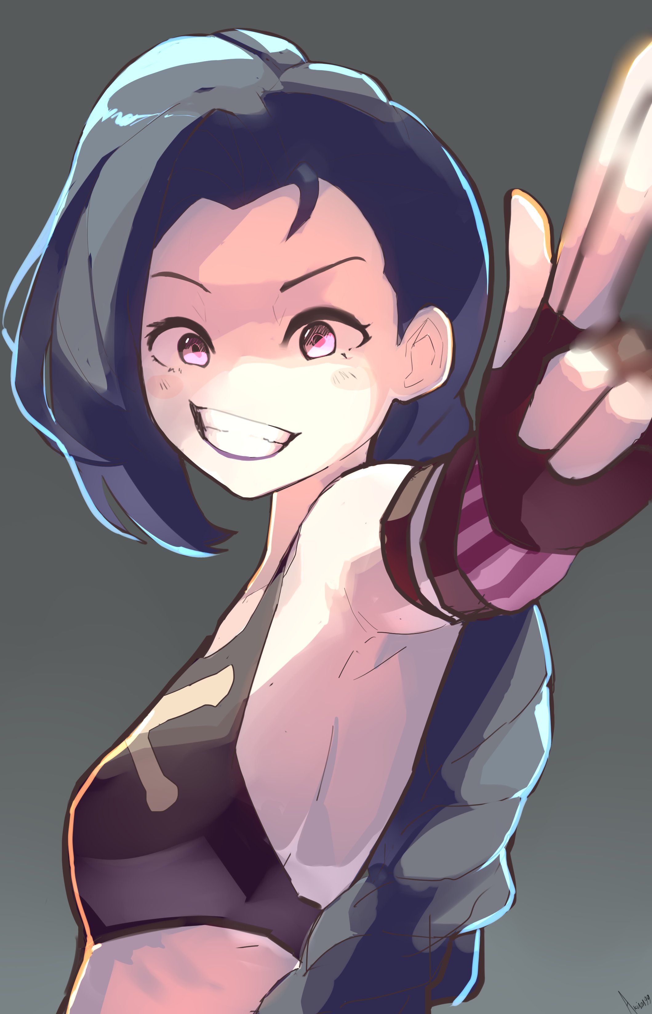 akisas99, arcane jinx, jinx (league of legends), arcane: league of legends, league of legends, braided twintails, absurdres, highres, 1girl, aiming, aiming at viewer, arm up, artist name, black eyeliner, blue hair, braid, breasts, brown gloves, clenched teeth, eyeliner, finger gun, fingerless gloves, gloves, grey background, long hair, looking at viewer, looking to the side, makeup, medium breasts, no nose, purple eyes, sideboob, signature, simple background, sleeveless, smile, solo, striped clothes, striped gloves, teeth, twin braids, vertical-striped clothes, vertical-striped gloves, very long hair