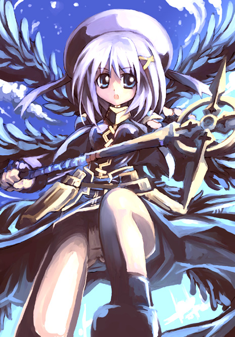 kouno hikaru, schwertkreuz, yagami hayate, lyrical nanoha, mahou shoujo lyrical nanoha, mahou shoujo lyrical nanoha a's, 00s, 1girl, armor, bare legs, blue dress, blue eyes, blue gloves, blue hair, blue hat, blue shoes, blue theme, blue wings, cloud, dress, female focus, fingerless gloves, gloves, hair ornament, hair ribbon, hat, holding, holding weapon, matching hair/eyes, open mouth, panties, pantyshot, ribbon, shoes, sky, solo, staff, underwear, weapon, wings, yellow ribbon