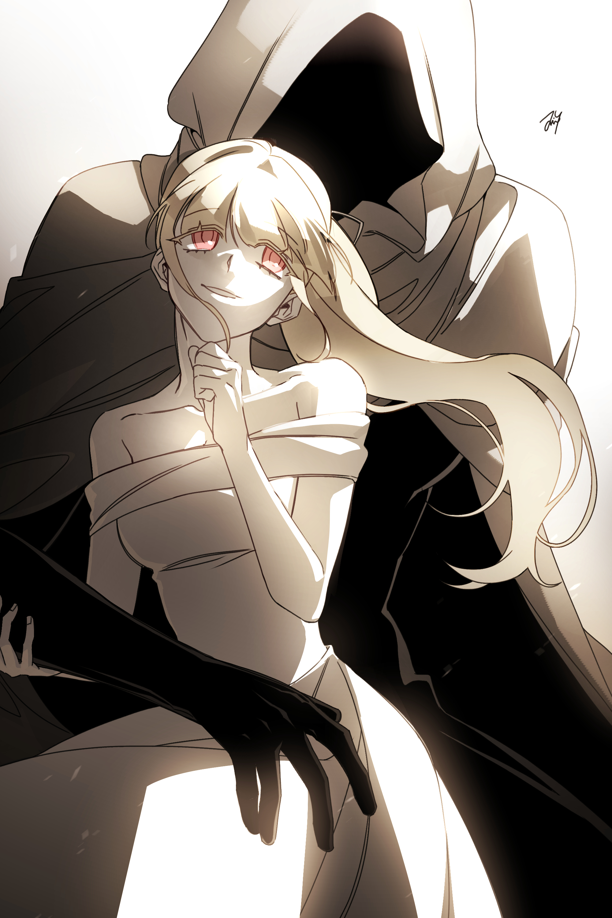 bbabbamis2, adashino adami, mr. hood, homicipher, absurdres, commentary request, highres, korean commentary, 1boy, 1girl, blonde hair, borrowed character, cloak, dress, gift art, gradient background, hetero, hood, hood up, hooded cloak, long hair, pink eyes, ponytail, sitting, sitting on lap, sitting on person, sunlight, white background, white dress